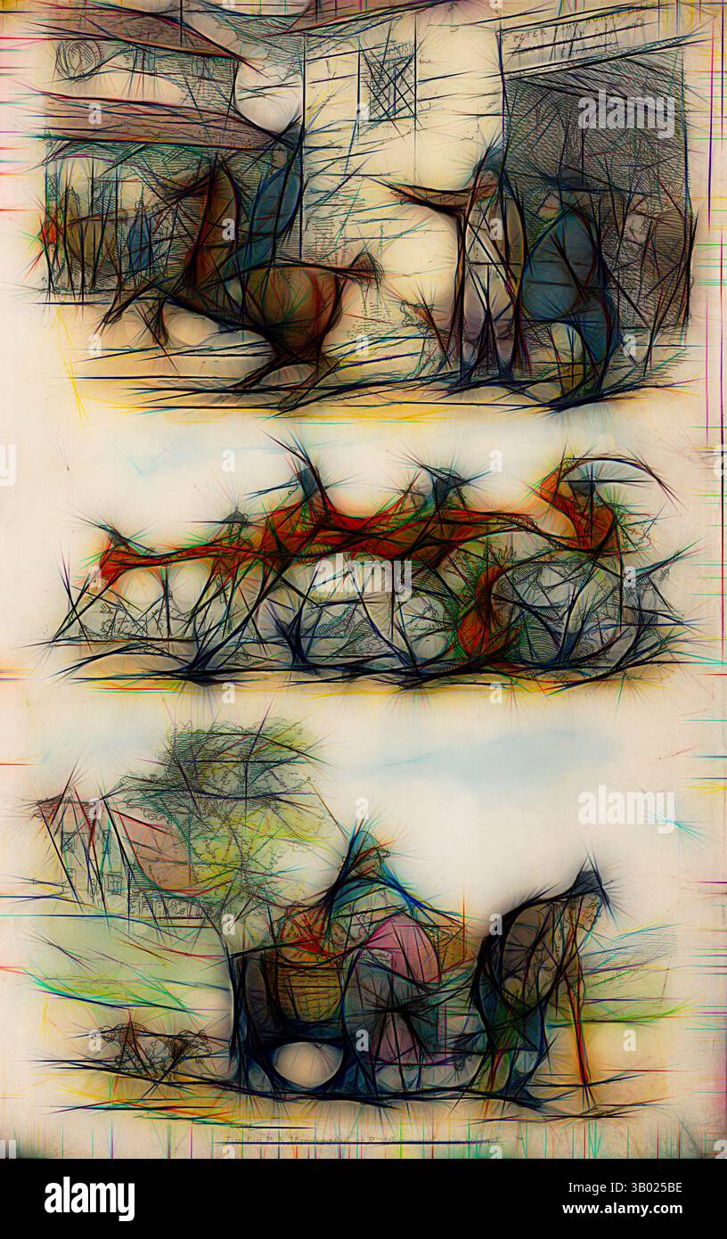 Une composition dynamique mettant en vedette des représentations abstraites de chevaux et de cavaliers dans diverses poses, entrecoupées de lignes tourbillonnantes et de couleurs vibrantes, évoquant un sens du mouvement et de l'énergie au milieu de paysages stylisés., Art classique avec une touche moderne réinventée par Artotop Banque D'Images