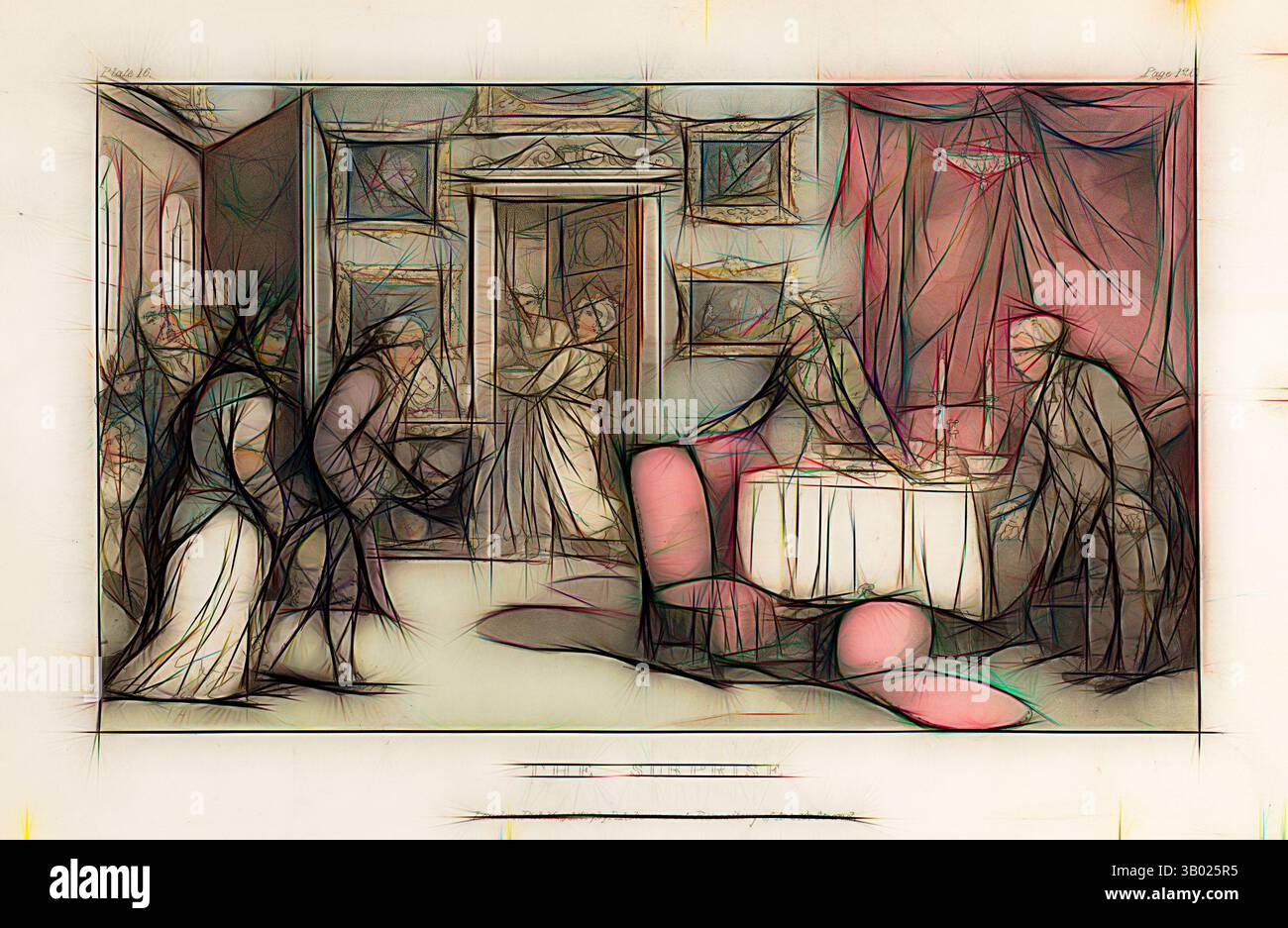 Un rassemblement dans une salle élégamment décorée, où les personnages s'engagent dans la conversation et diverses activités, sur fond d'œuvres d'art ornées et de riches textiles., art classique avec une touche moderne réinventée par Artotop Banque D'Images