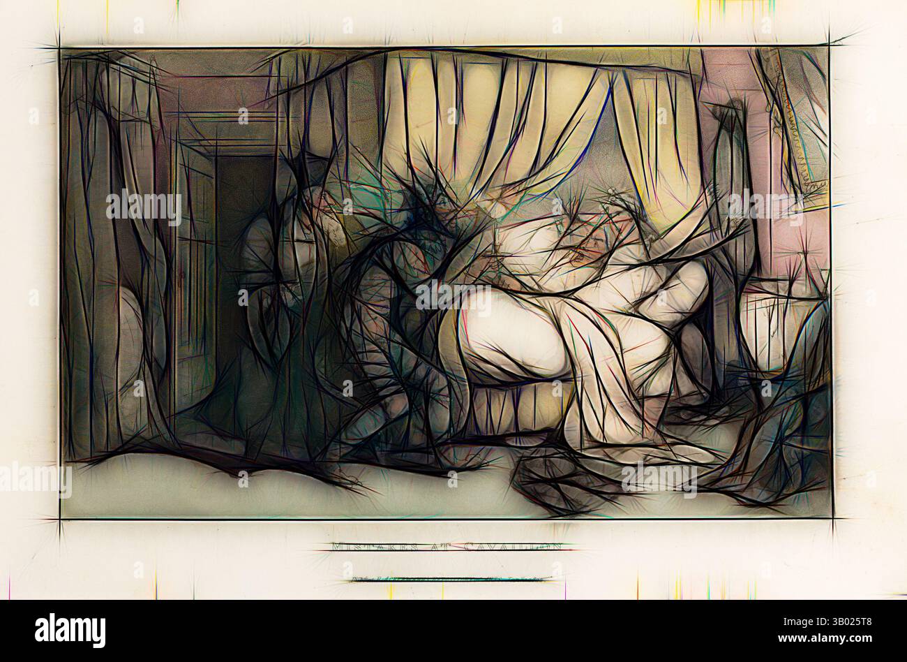 Une scène surréaliste représentant une figure dans un lit, entourée de formes éthérées et ombragées, véhiculant un sentiment de mystère et de tension onirique., Art classique avec une touche moderne réinventée par Artotop Banque D'Images