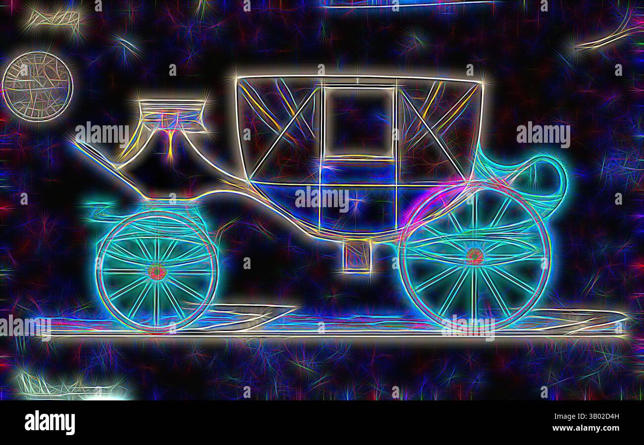 Un chariot vintage est représenté avec des contours de néon vibrants, mettant en valeur son design de roue complexe et sa forme distinctive sur un fond sombre., Art classique avec une touche moderne réinventée par Artotop Banque D'Images