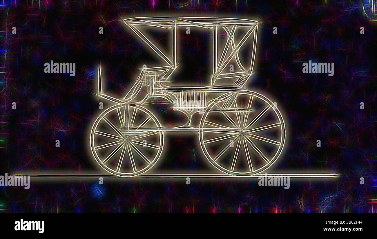 Un chariot vintage avec de grandes roues est représenté dans un contour complexe et lumineux, soulignant son design classique sur un fond chatoyant et coloré., Art classique avec une touche moderne réinventée par Artotop Banque D'Images