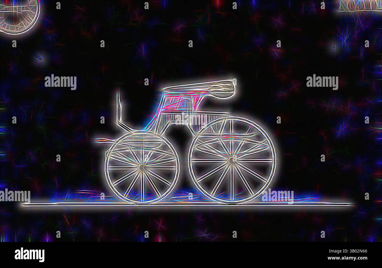 Un vélo vintage avec de grandes roues est représenté dans un contour stylisé et lumineux, placé sur un fond sombre qui scintille avec des points colorés., Art classique avec une touche moderne réinventée par Artotop Banque D'Images