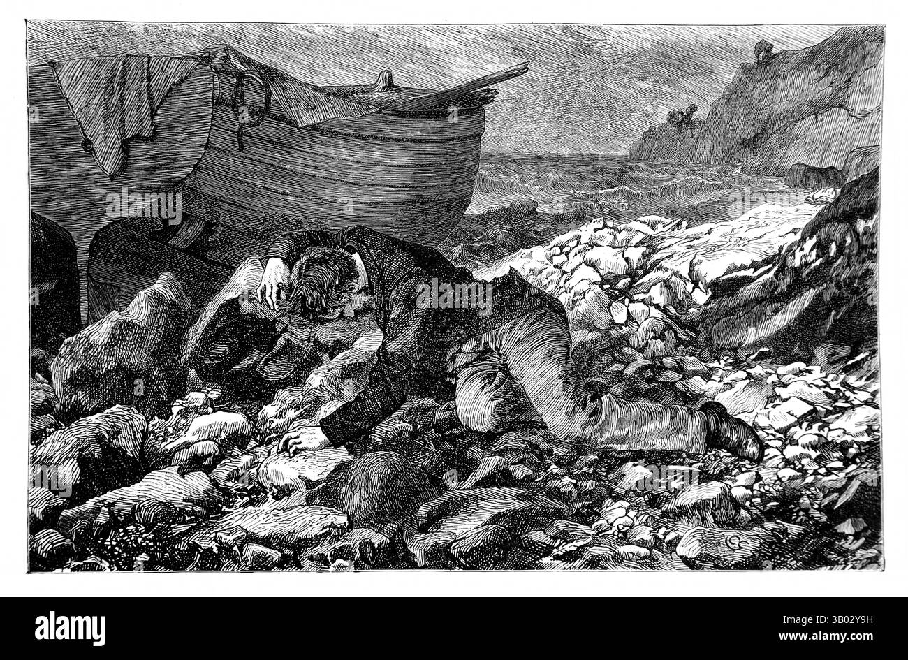 Illustration du corps du Capitaine Allen Gardiner sur l'île espagnole de Picton Harbour après que lui et son équipage soient morts de faim le 6 septembre 1851 par anti Banque D'Images