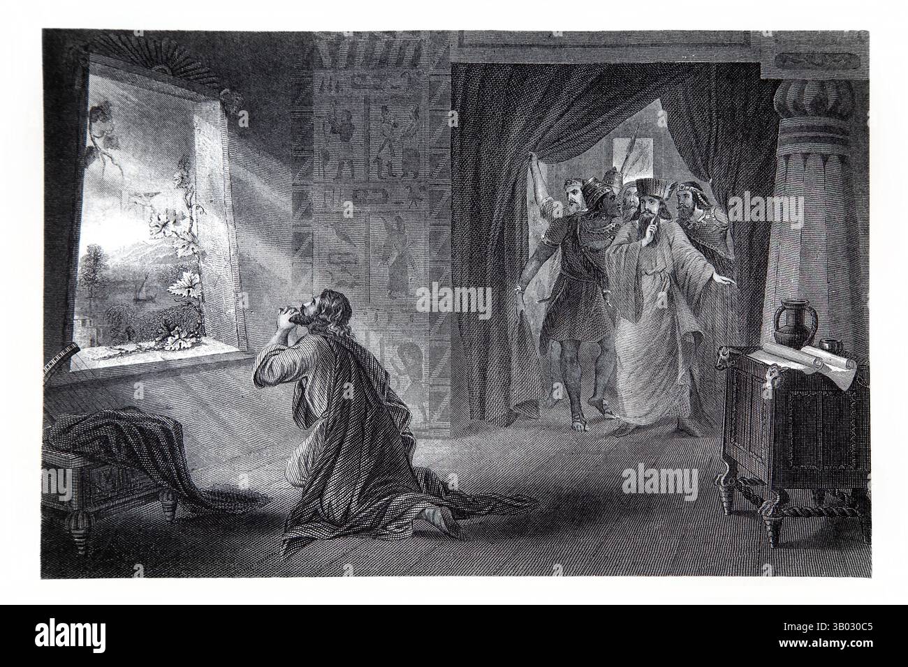 Gravure en acier du prophète Daniel priant par la fenêtre ouverte avec le roi Darius le Grand entrant dans la salle (Daniel) de la Sainte Bible antique Banque D'Images