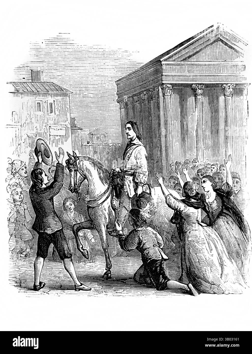 Illustration de Jean Cavalier un chef de Camisard arrivant à Nîmes en France au XVIIe siècle de l'Antiquité L'édition de 1866 du Livre des Martyrs de Foxe Banque D'Images