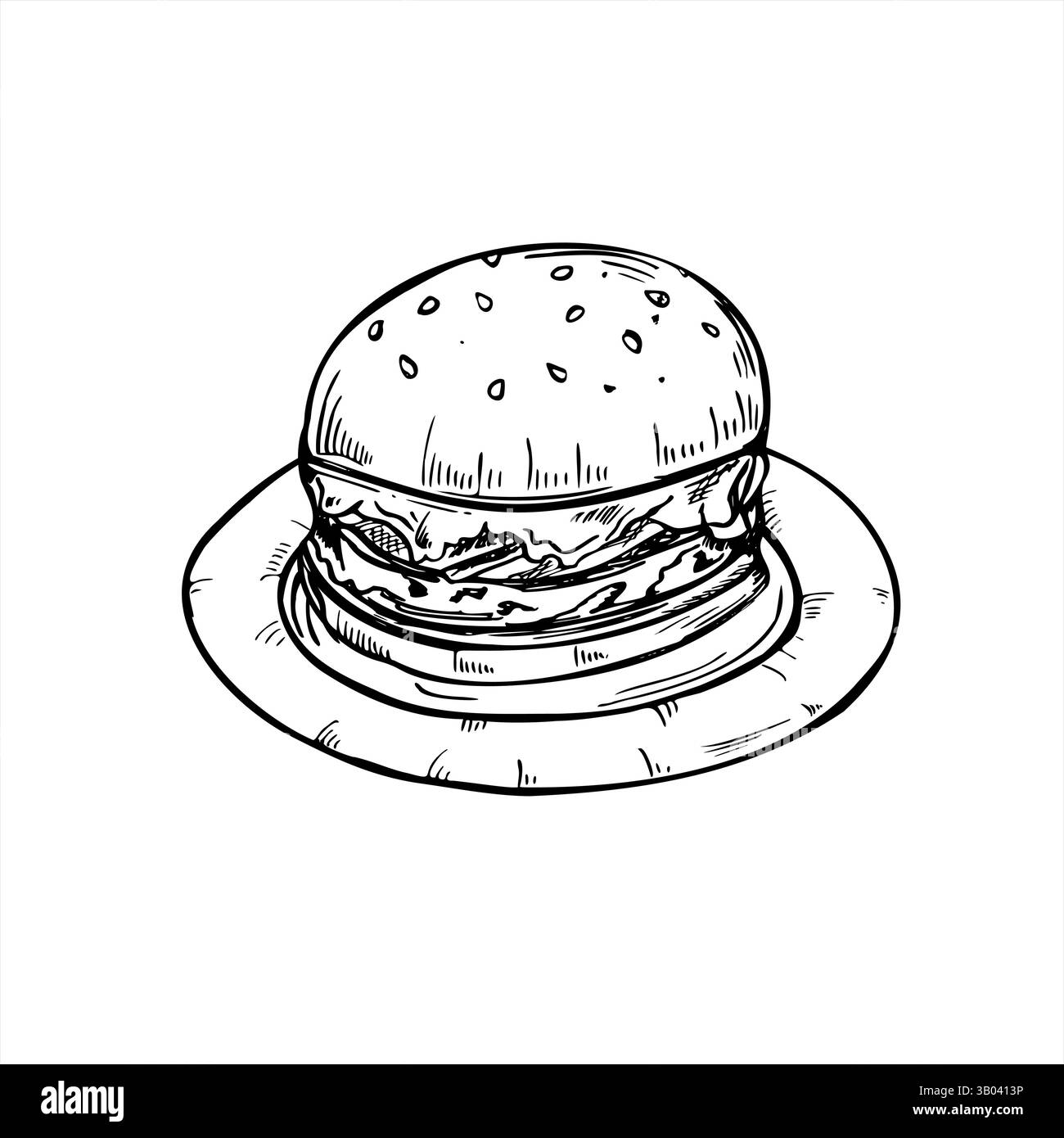 Hamburger Smash servi sur une plaque de papier ronde vectorielle ligne art dessin à l'encre noire. Sandwich traditionnel américain au bœuf BBQ sain fait maison avec graines de sésame Illustration de Vecteur