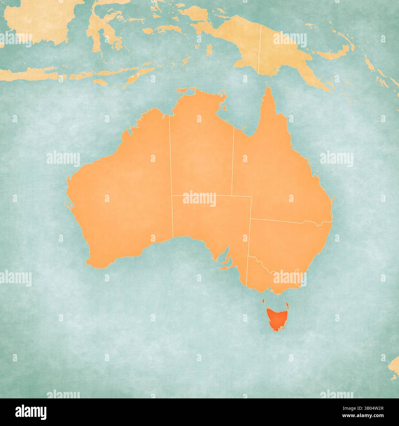 Tasmanie sur la carte de l'Australie dans un style grunge doux et vintage, comme du vieux papier avec de la peinture à l'aquarelle. Banque D'Images