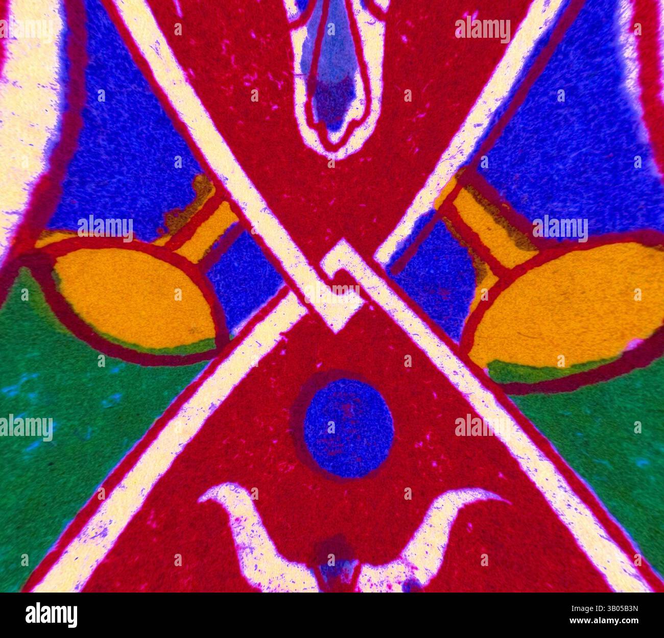 Un design vibrant et abstrait présente des couleurs vives et des motifs complexes, avec des formes croisées qui créent une sensation de mouvement et d'énergie. La composition comprend des éléments qui rappellent les instruments de musique et les formes organiques, se mélangeant ensemble dans un arrangement visuellement frappant., Un design vibrant avec des motifs complexes de cornes et des motifs d'animaux stylisés, fusionnant des couleurs vives et des formes géométriques pour créer un effet visuel saisissant. Art classique avec une touche moderne réinventé par Artotop, ornement égyptien transformé, art classique avec une touche moderne réinventé par Artotop Banque D'Images