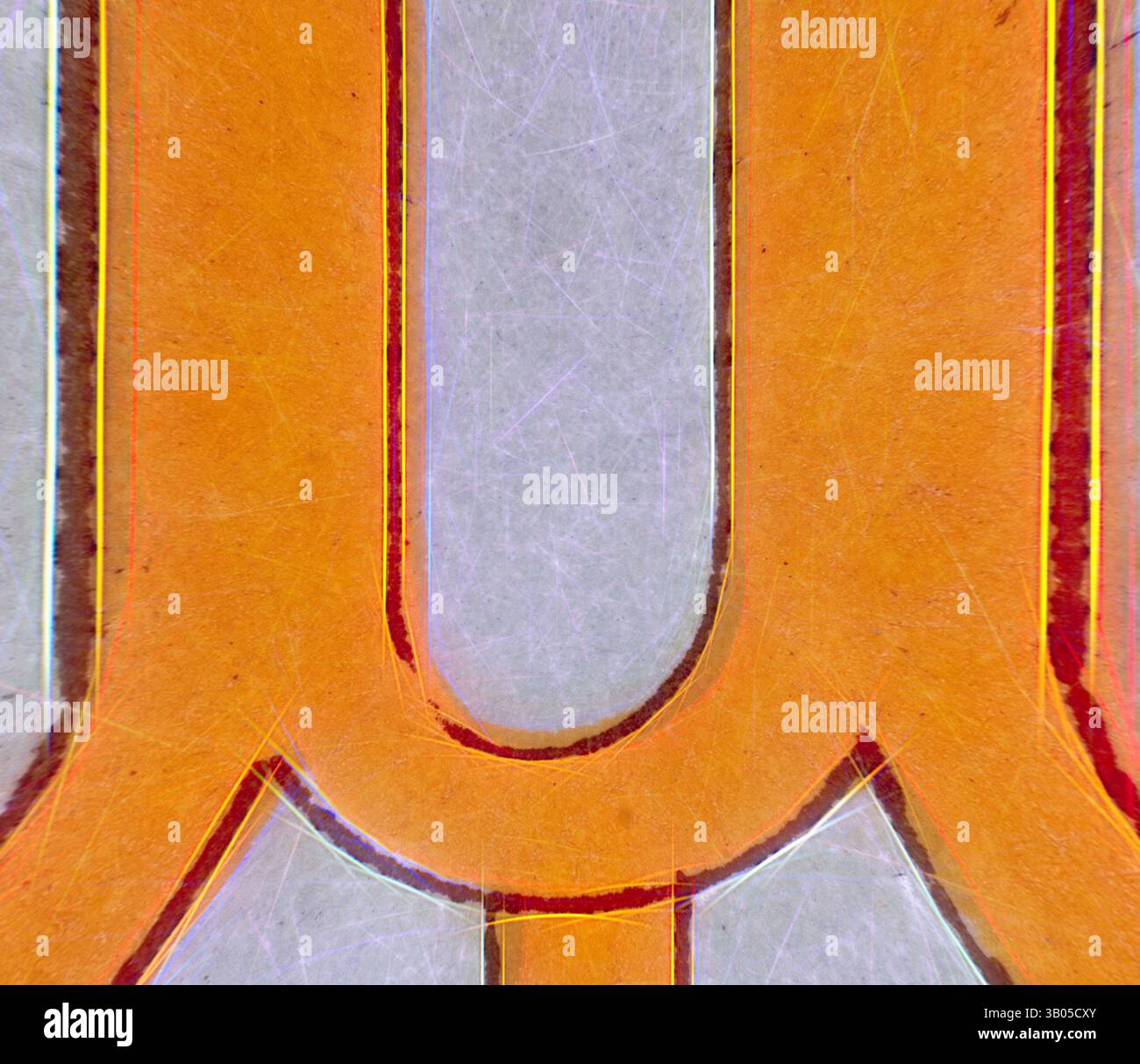 Vue rapprochée d'une lettre « U » stylisée et audacieuse aux teintes orange contrastantes et aux lignes complexes, mettant en valeur la texture et les détails de sa forme. Motif circulaire stylisé et répétitif avec des formes courbes orange et grises, créant une esthétique moderne et saisissante. Art classique avec une touche moderne réinventé par Artotop, ornement assyrien et persan transformé, art classique avec une touche moderne réinventé par Artotop Banque D'Images