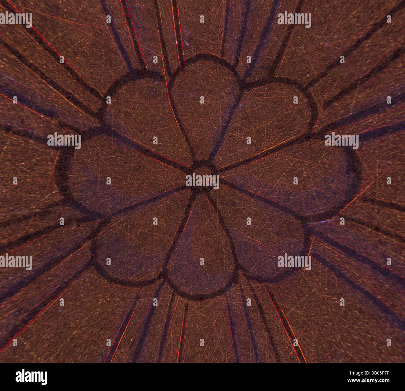 Un motif floral complexe et stylisé rayonne une sensation de profondeur, avec des lignes audacieuses et un fond texturé soulignant ses formes élégantes et symétriques. L'interaction de la lumière et de l'ombre ajoute une qualité dynamique, améliorant son flair artistique., Un objet rond, finement conçu avec un motif floral en son centre, entouré de lignes rayonnantes qui améliorent sa symétrie et son élégance. Art classique avec une touche moderne réinventé par Artotop, ornement turc transformé, art classique avec une touche moderne réinventé par Artotop Banque D'Images