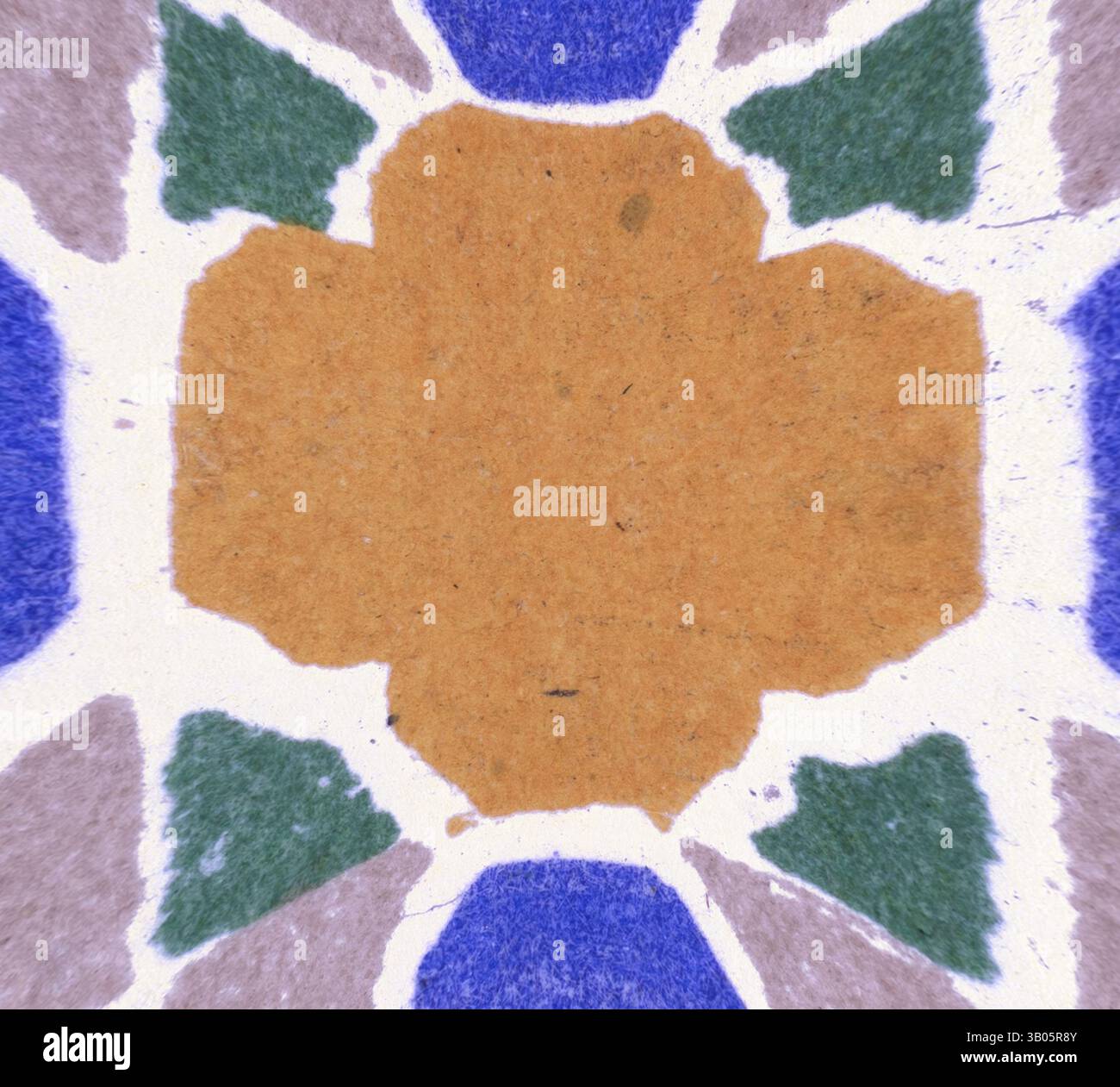 Un design de carreaux stylisé avec des motifs géométriques vibrants, mettant en valeur une forme centrale semblable à une fleur d'orange entourée de tons bleus, verts et terreux. L'arrangement complexe met en évidence un mélange d'éléments organiques et symétriques., Un design circulaire avec un motif complexe avec des formes géométriques dans les tons de bleu, vert et violet, entourant une zone centrale bronzée. Art classique avec une touche moderne réinventé par Artotop, Moresque Ornament transformé, art classique avec une touche moderne réinventé par Artotop Banque D'Images