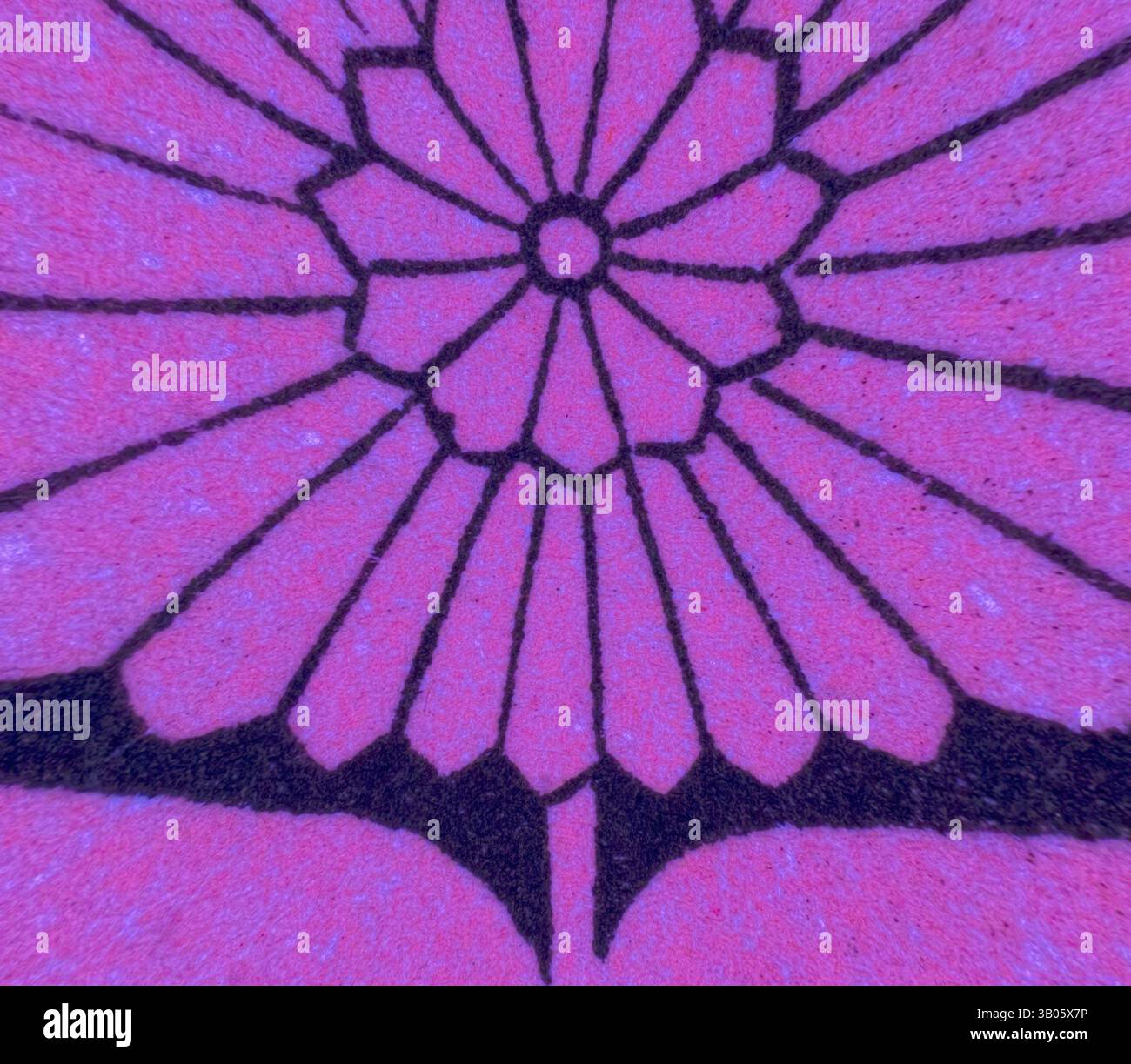 Une vue rapprochée d'un motif floral détaillé, avec des pétales complexes rayonnant d'un point central, sur un fond vibrant. Les motifs symétriques créent un impact visuel audacieux et frappant., Un design circulaire comporte une fleur stylisée en son centre, entourée de formes complexes ressemblant à des pétales. La composition combine des nuances vibrantes de rose et de violet profond, créant un contraste visuel saisissant. Art classique avec une touche moderne réinventé par Artotop, ornement indien transformé, art classique avec une touche moderne réinventé par Artotop Banque D'Images