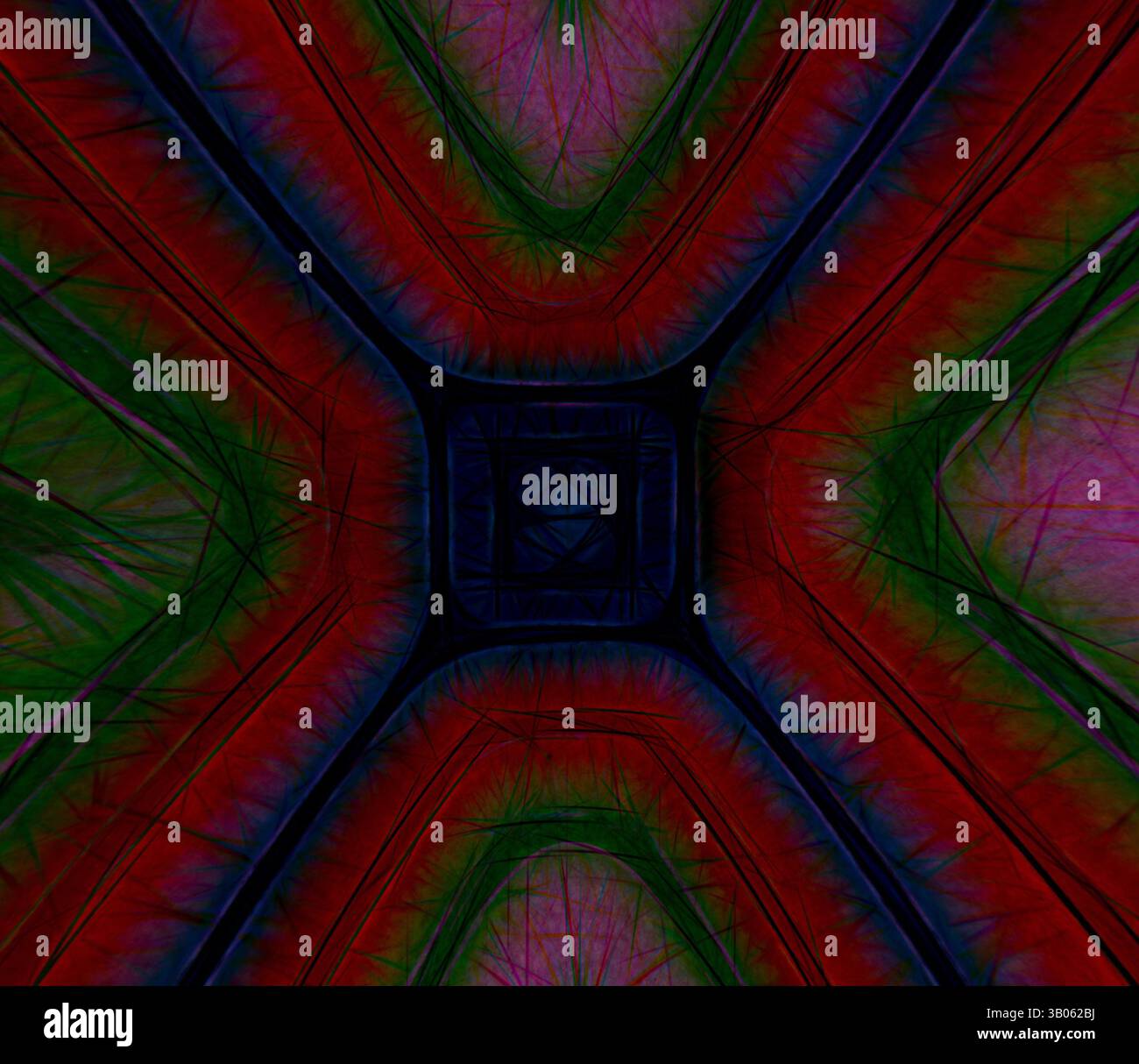 Un motif vibrant et abstrait avec des couleurs vives et des lignes complexes convergeant vers un point central, créant un effet visuel dynamique et énergique., Un design circulaire avec des motifs complexes et des lignes vibrantes, rayonnant à partir d'un carré central. L'interaction des couleurs crée une sensation de profondeur et de mouvement, évoquant un sentiment d'illusion d'optique et de symétrie. Art classique avec une touche moderne réinventé par Artotop, ornement chinois transformé, art classique avec une touche moderne réinventé par Artotop Banque D'Images