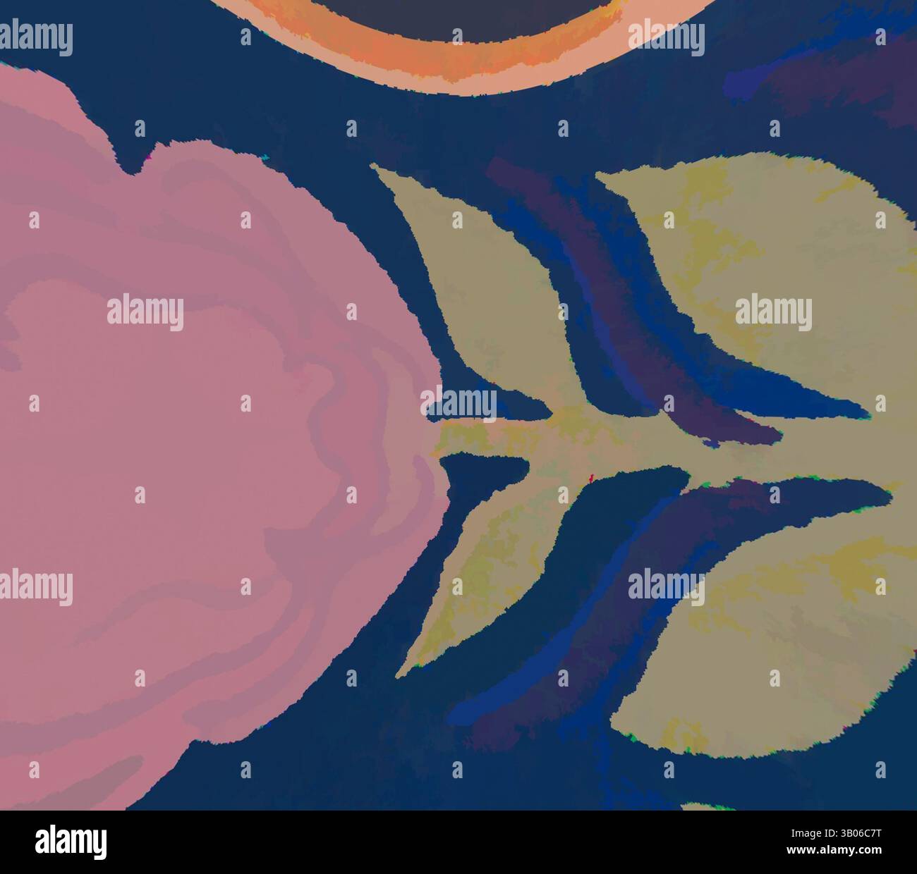 Un design abstrait vibrant avec des formes tourbillonnantes et des motifs floraux, mêlant rose doux, vert et bleu profond. La composition crée un flux visuel dynamique, évoquant un sentiment de mouvement et de beauté organique., Un design circulaire avec une fleur et des feuilles stylisées, complétées par des motifs géométriques audacieux dans des couleurs vibrantes. Art classique avec une touche moderne réinventé par Artotop, ornement Renaissance transformé, art classique avec une touche moderne réinventé par Artotop Banque D'Images