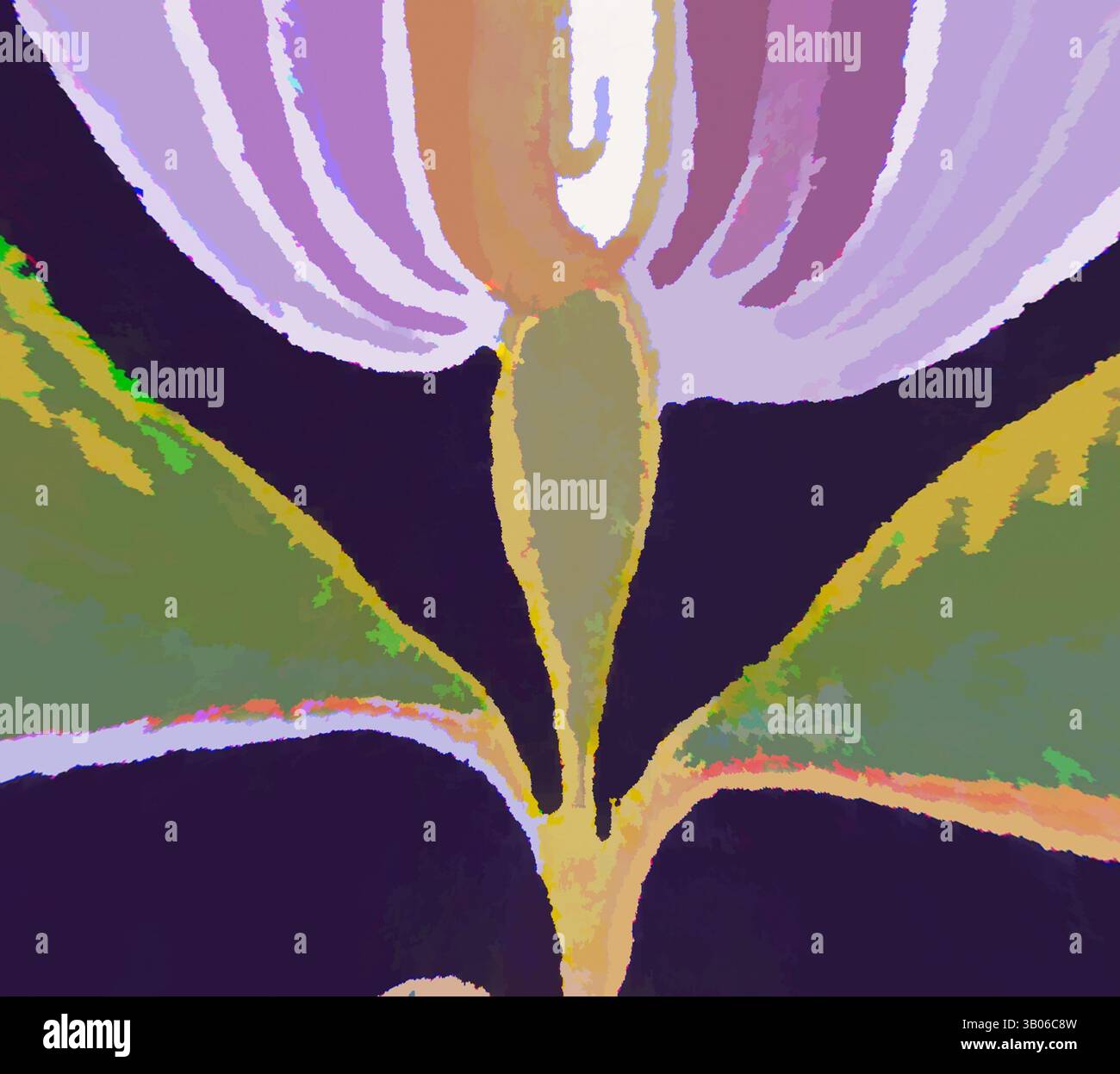 Une représentation abstraite d'une fleur, mettant en valeur des couleurs vibrantes et des formes dynamiques qui soulignent ses pétales et ses feuilles. Les courbes douces et les contrastes audacieux créent une sensation de mouvement et de profondeur, invitant le spectateur à explorer ses détails complexes., Une illustration stylisée d'une fleur en fleurs avec des pétales violets doux et des feuilles vertes, sur un fond sombre, créant un contraste vibrant. Art classique avec une touche moderne réinventé par Artotop, ornement Renaissance transformé, art classique avec une touche moderne réinventé par Artotop Banque D'Images