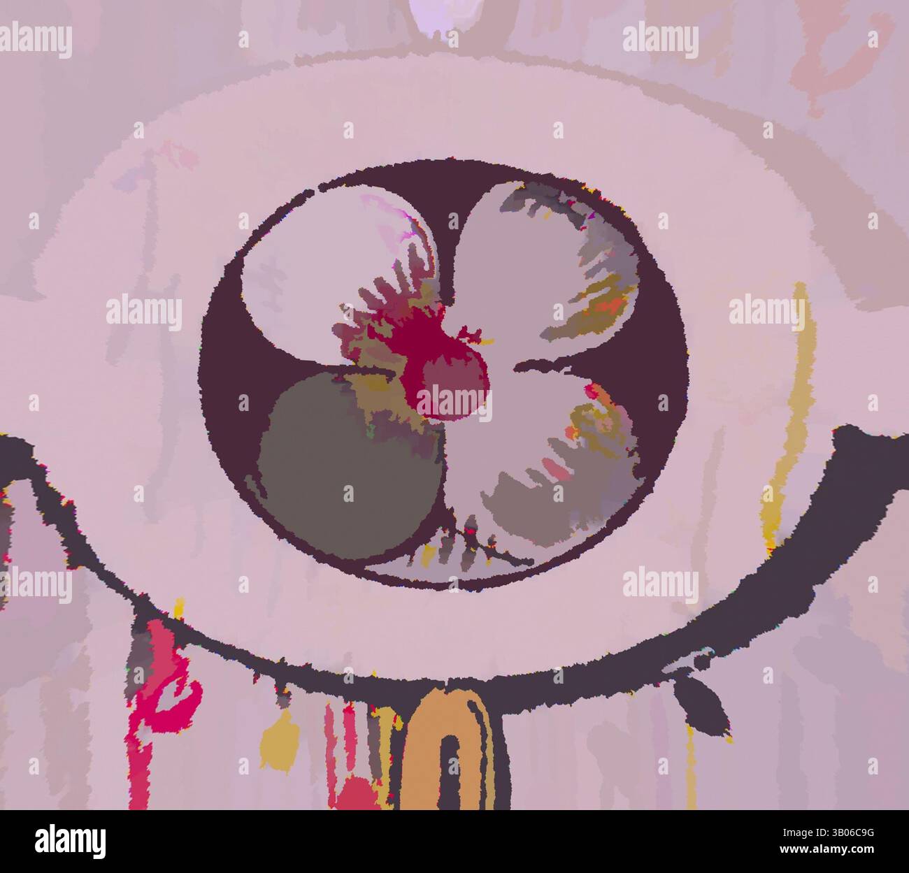 Un motif floral stylisé, avec une fleur rougeâtre centrale entourée de pétales doux, sur fond de couleurs discrètes et de formes abstraites. La composition évoque un sens de fantaisie et de flair artistique., Un design circulaire avec un motif floral stylisé, avec des couleurs douces se mélangeant les unes aux autres et des détails délicats sur les bords, créant une apparence élégante et artistique. Art classique avec une touche moderne réinventé par Artotop, ornement Renaissance transformé, art classique avec une touche moderne réinventé par Artotop Banque D'Images