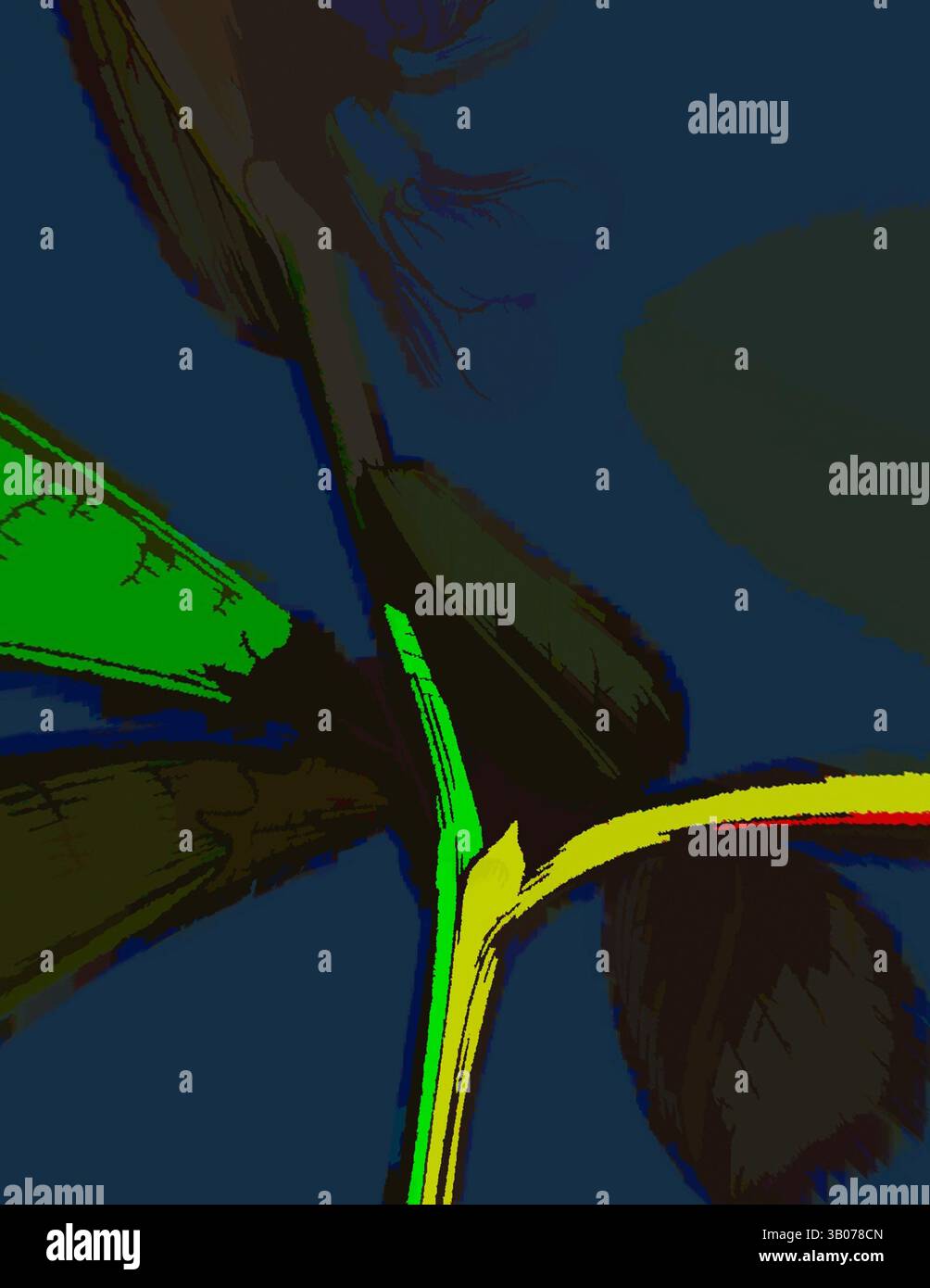 Une vue rapprochée de feuilles de plantes vibrantes, mettant en valeur un mélange de teintes vertes et de contours audacieux sur un fond sombre, mettant en évidence les textures et les formes complexes du feuillage., Une représentation stylisée de feuilles et d'une fleur, avec des contours audacieux et des couleurs contrastées qui créent un effet visuel saisissant sur un fond sombre. Art classique avec une touche moderne réinventé par Artotop, transformé Vicia Sepium, Bush Vetch, art classique avec une touche moderne réinventé par Artotop Banque D'Images