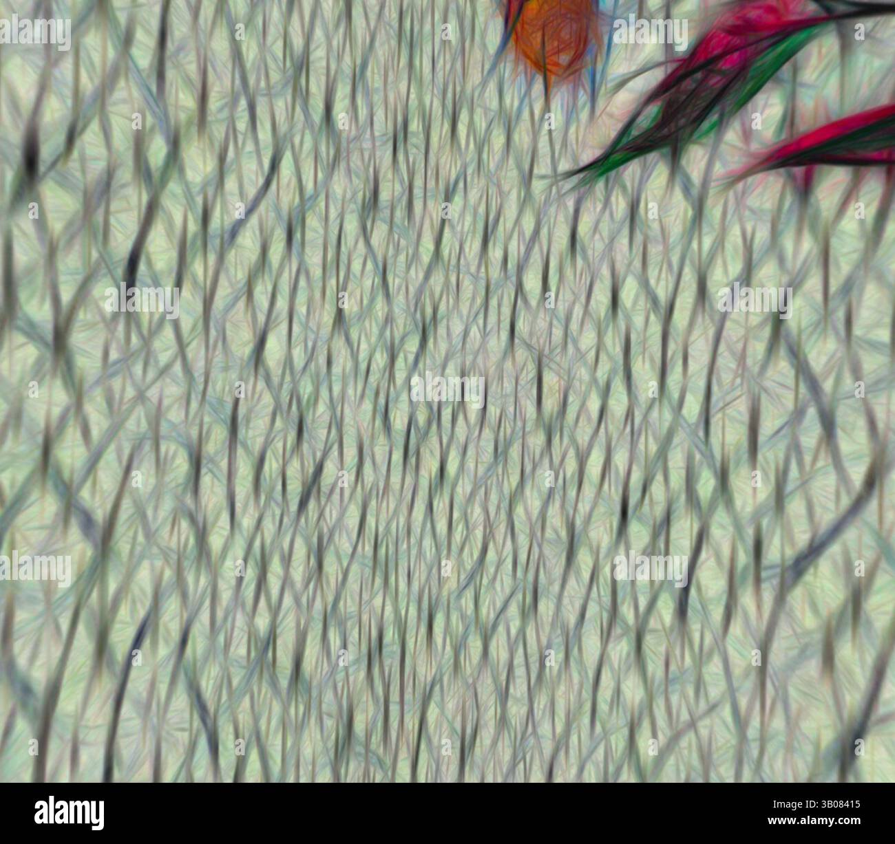 Un fond texturé rempli de lignes entrelacées et de formes douces et colorées qui créent un effet abstrait rêveur, suggérant un thème naturel ou floral., Un design circulaire avec des motifs floraux complexes entrecoupés de sections texturées ressemblant à de l'herbe. Les fleurs sont vibrantes, ajoutant un contraste frappant à la disposition globale. Art classique avec une touche moderne réinventé par Artotop, tissus français transformés, première moitié du XIXe siècle, art classique avec une touche moderne réinventé par Artotop Banque D'Images