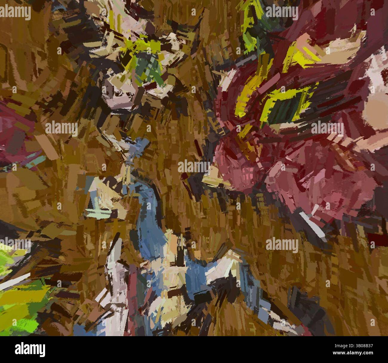 Une représentation vibrante et abstraite d'un paysage luxuriant, avec des couleurs tourbillonnantes et des coups de pinceau dynamiques qui évoquent une sensation de mouvement à travers la nature. La composition suggère l'eau qui coule et le feuillage riche, créant une atmosphère vive., un motif floral complexe avec un éventail de couleurs vibrantes, avec des fleurs audacieuses et des vignes tourbillonnantes créant une apparence riche et texturée. Le design est placé sur un fond chaud et terreux, ajoutant profondeur et complexité à la composition globale. Art classique avec une touche de modernité réinventé par Artotop, a transformé les tissus français, première moitié de la Banque D'Images