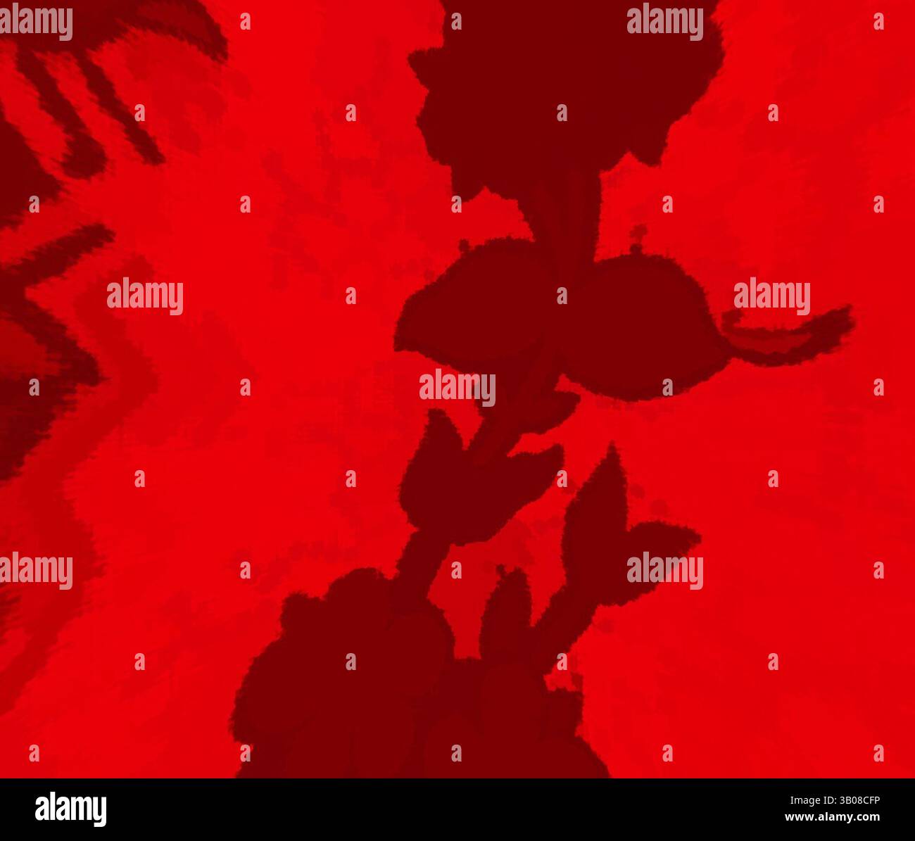 Une représentation stylisée d'une silhouette de fleur sur un fond rouge vif, créant un contraste saisissant entre la forme florale sombre et la couleur intense qui l'entoure., Un design circulaire vibrant avec des motifs floraux complexes dans différentes nuances de rouge, créant une sensation de profondeur et de richesse. Les couleurs audacieuses et les formes dynamiques évoquent un esprit artistique vivant. Art classique avec une touche moderne réinventé par Artotop, tissus français transformés, première moitié du XIXe siècle, art classique avec une touche moderne réinventé par Artotop Banque D'Images