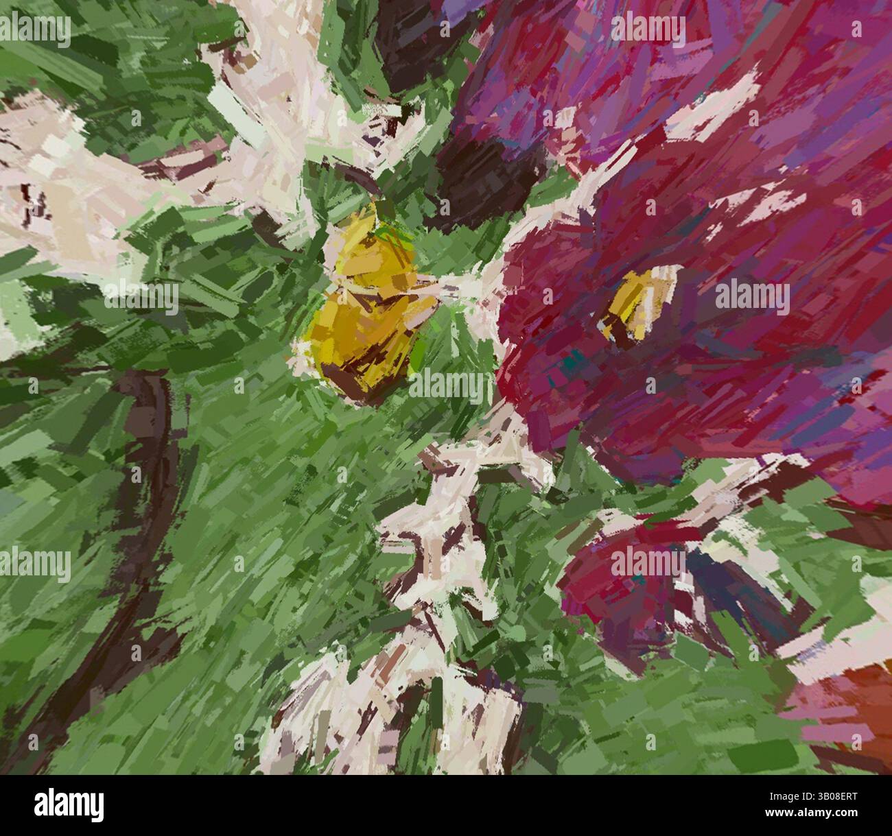 Une composition abstraite vibrante avec des traits audacieux de violet, vert et des notes de jaune, suggérant un thème floral avec un mouvement dynamique et une texture., Un motif circulaire vibrant avec un feuillage vert luxuriant entrelacé avec des motifs floraux audacieux et colorés, créant un mélange artistique de nature et de design abstrait. Art classique avec une touche moderne réinventé par Artotop, tissus français transformés, première moitié du XIXe siècle, art classique avec une touche moderne réinventé par Artotop Banque D'Images