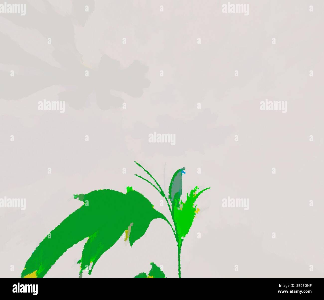 Une plante verte vibrante atteint le haut, entourée d'une toile de fond douce et éthérée qui crée un sentiment de tranquillité et de croissance., Une délicate feuille verte émerge d'un fond doux et silencieux, symbolisant une nouvelle vie et une résilience. Art classique avec une touche moderne réinventé par Artotop, tissus français transformés, première moitié du XIXe siècle, art classique avec une touche moderne réinventé par Artotop Banque D'Images