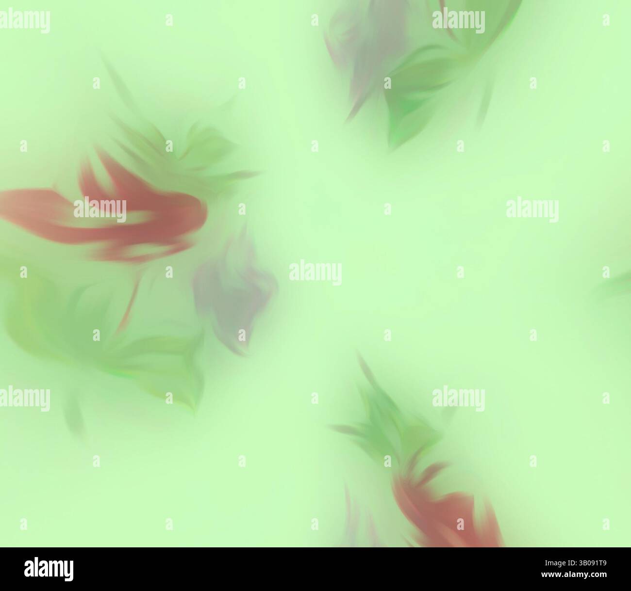 Une composition douce et abstraite avec de doux tourbillons de vert et des notes de rouge et de violet, suggérant un thème naturel et floral. Les couleurs se mélangent harmonieusement, créant une atmosphère de rêve., Une surface douce et vert pastel présente des roses rouges délicates et délavées entrelacées avec des feuilles vertes douces, créant un motif serein et floral. Art classique avec une touche moderne réinventé par Artotop, tissus français transformés, première moitié du XIXe siècle, art classique avec une touche moderne réinventé par Artotop Banque D'Images