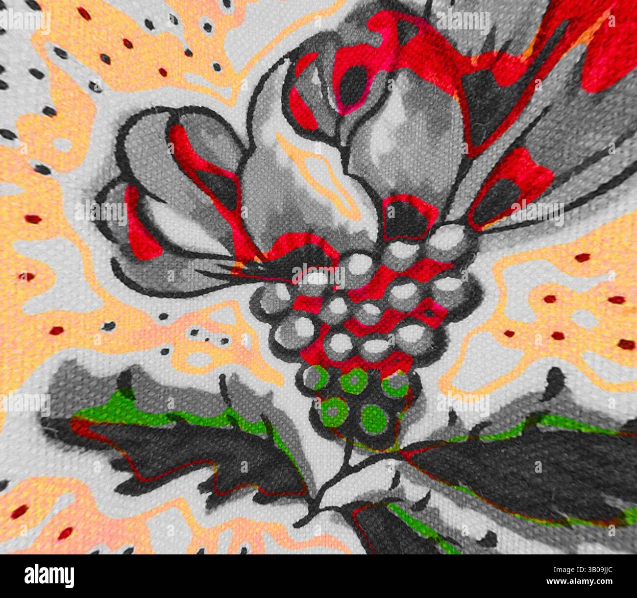 Un motif floral complexe présente des fleurs et des feuilles audacieuses et stylisées, avec des motifs dynamiques dans des tons de gris, accentués par des éclats vibrants de rouge, vert et orange., Une composition circulaire présente un motif floral vibrant en son centre, entouré de motifs complexes et de couleurs contrastées. La fleur audacieuse, avec ses pétales rouges et gris frappants, est accentuée par des feuilles vertes et des points ludiques, créant un visuel accrocheur qui mélange des formes organiques avec des motifs décoratifs. Art classique avec une touche moderne réinventé par Artotop, transformé les tissus français, première moitié du XIXe siècle Banque D'Images