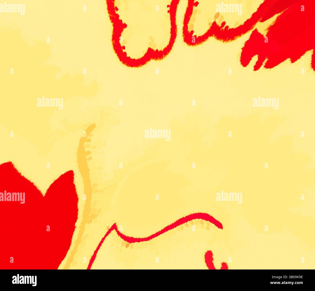 Des tourbillons audacieux de rouge et de jaune doux se croisent, créant une composition abstraite vibrante qui évoque des sentiments de chaleur et d'énergie. Les formes organiques suggèrent le mouvement, invitant le spectateur à explorer l'interaction de la couleur et de la forme., Un design circulaire avec des motifs de corail rouge vif et une fleur rouge stylisée sur un fond jaune doux, créant une esthétique harmonieuse et élégante. Art classique avec une touche moderne réinventé par Artotop, tissus français transformés, première moitié du XIXe siècle, art classique avec une touche moderne réinventé par Artotop Banque D'Images