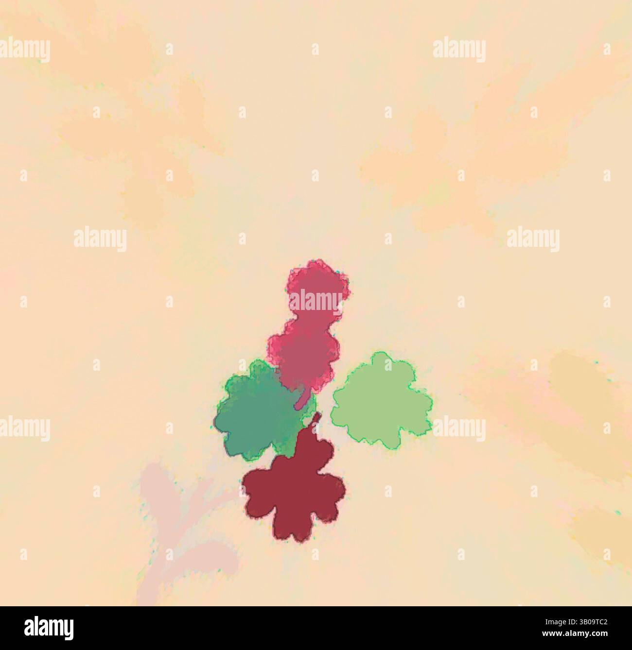 Ensemble de fleurs stylisées dans des tons vifs de rouge et de vert, sur un fond doux et mélangé qui crée une sensation éthérée. Assiette ronde ornée d'un délicat motif floral avec des tons doux de vert et de rouge sur un fond clair. Le design comprend des feuilles dispersées et de petites fleurs, créant une esthétique subtile mais charmante. Art classique avec une touche moderne réinventé par Artotop, tissus français transformés, première moitié du XIXe siècle, art classique avec une touche moderne réinventé par Artotop Banque D'Images