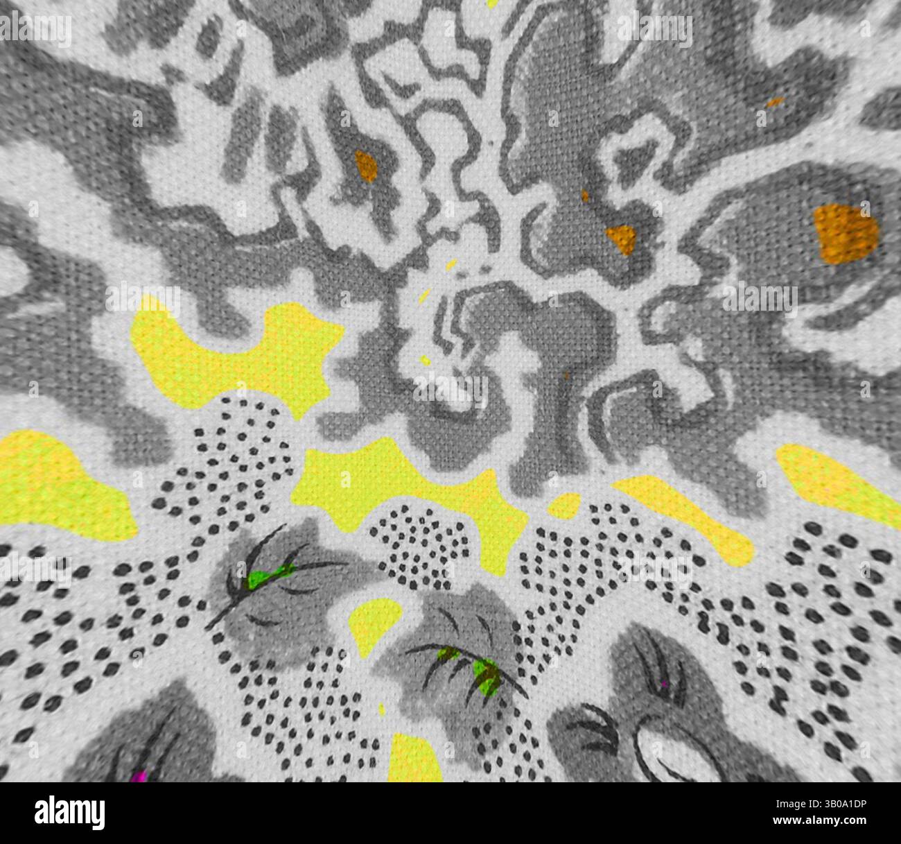Une composition abstraite vibrante avec des motifs tourbillonnants dans des tons de gris, accentués par des touches audacieuses de jaune et des notes d'orange. Le design tisse des formes florales et organiques, créant une expérience visuelle dynamique., Un motif circulaire avec un design complexe de fleurs et de formes abstraites, mélangeant des tons gris avec des reflets jaunes vibrants et des notes de vert. La composition globale évoque une touche moderne et artistique tout en mettant en valeur un thème floral. Art classique avec une touche moderne réinventé par Artotop, tissus français transformés, première moitié du XIXe siècle, art classique Banque D'Images