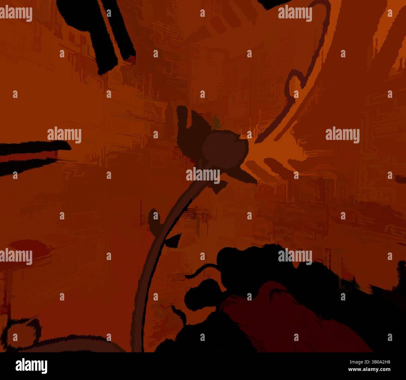 Une représentation stylisée d'une fleur en fleurs au milieu de tourbillons et de formes abstraites, remplie de tons chauds et de lignes fluides qui évoquent une sensation de mouvement et d'énergie., un motif richement texturé avec des motifs floraux vibrants dans des tons rouges, violets et terreux profonds, créant une atmosphère chaleureuse et accueillante. Art classique avec une touche moderne réinventé par Artotop, tissus français transformés, première moitié du XIXe siècle, art classique avec une touche moderne réinventé par Artotop Banque D'Images