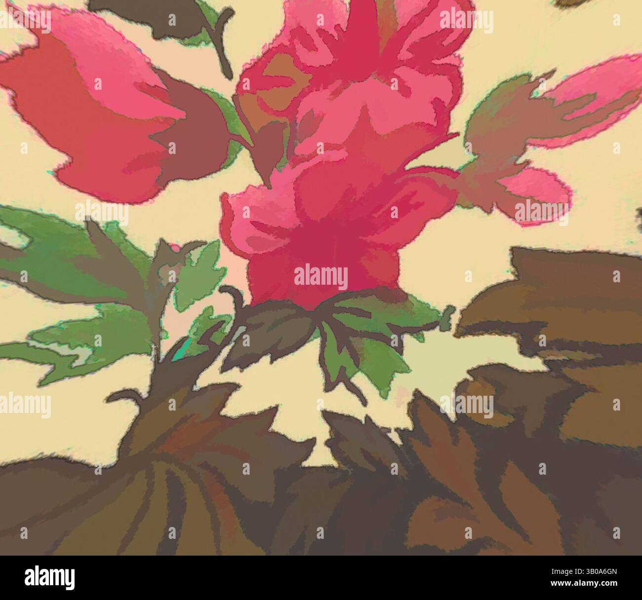 Un affichage vibrant de fleurs dans des tons de rose et de vert, entouré de feuillage riche, créant une composition luxuriante et dynamique., Un motif circulaire avec des roses roses vibrantes entourées de feuilles vertes terreuses, sur un fond doux et neutre, évoque un sentiment de charme vintage et d'élégance florale. Art classique avec une touche moderne réinventé par Artotop, tissus français transformés, première moitié du XIXe siècle, art classique avec une touche moderne réinventé par Artotop Banque D'Images