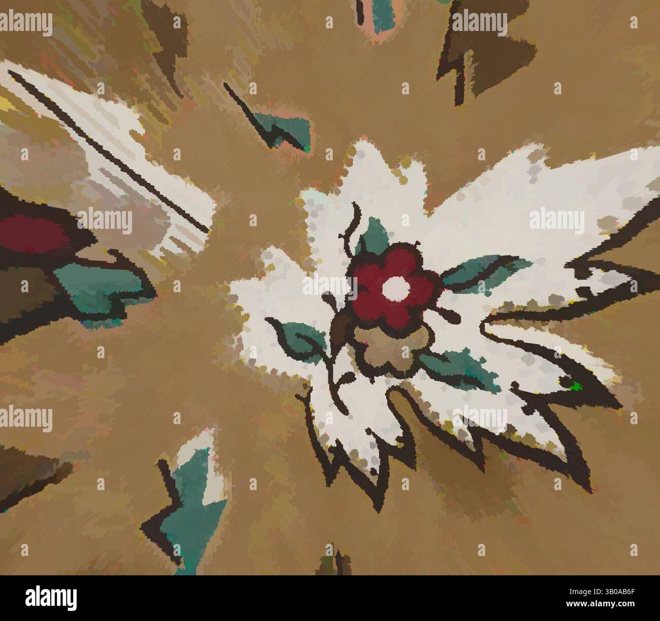 Un design floral abstrait avec des feuilles audacieuses et une fleur centrale, entouré de tourbillons dynamiques de couleur qui créent une sensation de mouvement et de profondeur., Un motif circulaire avec des fleurs stylisées dans des tons terreux, entrecoupées de formes abstraites, créant une esthétique harmonieuse et vintage. Art classique avec une touche moderne réinventé par Artotop, tissus français transformés, première moitié du XIXe siècle, art classique avec une touche moderne réinventé par Artotop Banque D'Images