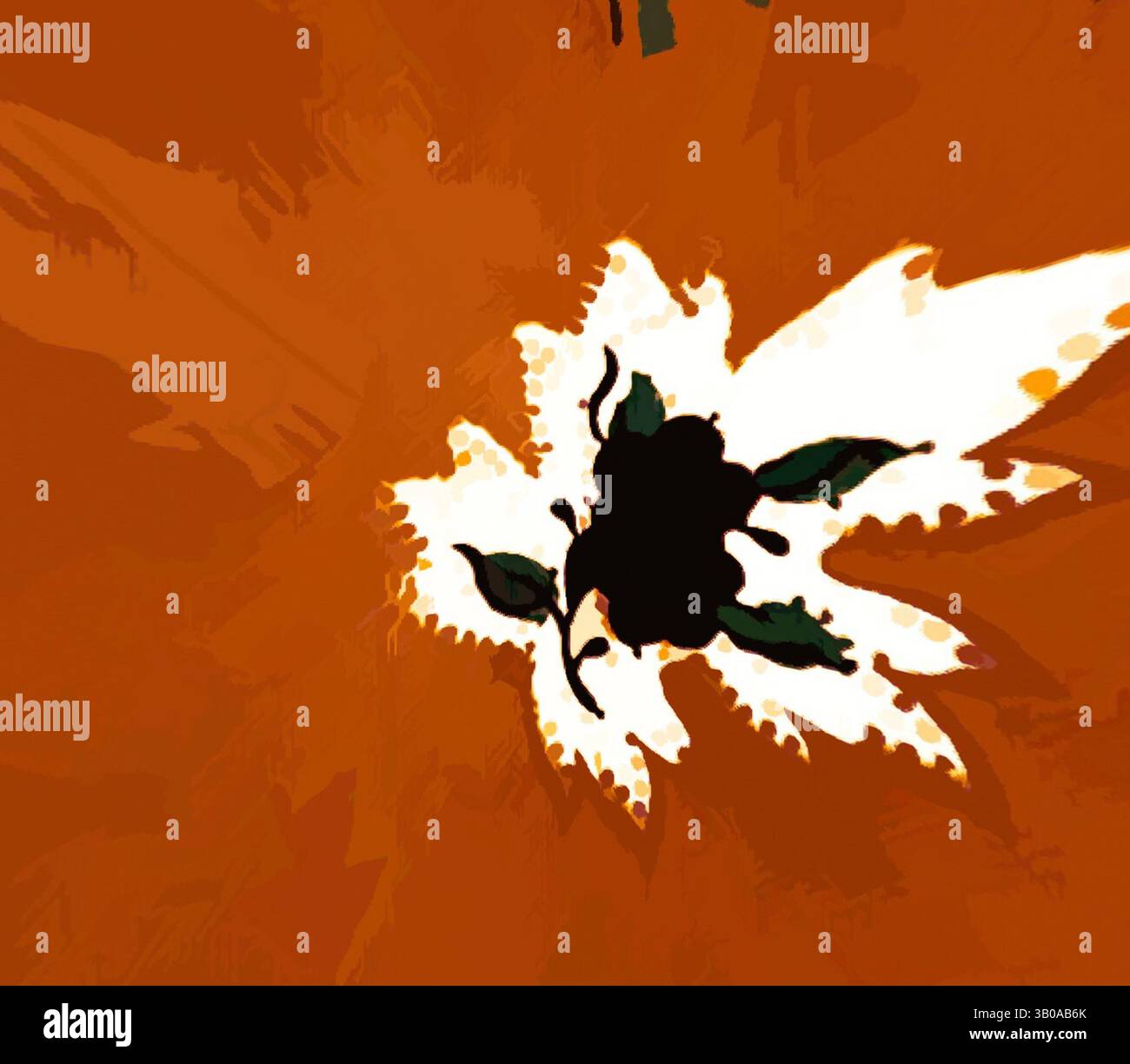 Une composition abstraite avec une silhouette contrastée d'une fleur sur un fond orange vif, mettant l'accent sur des formes et des formes dynamiques., Un design circulaire avec un fond orange terreux orné de feuilles stylisées dans des teintes contrastées, créant un motif vibrant et organique. Art classique avec une touche moderne réinventé par Artotop, tissus français transformés, première moitié du XIXe siècle, art classique avec une touche moderne réinventé par Artotop Banque D'Images