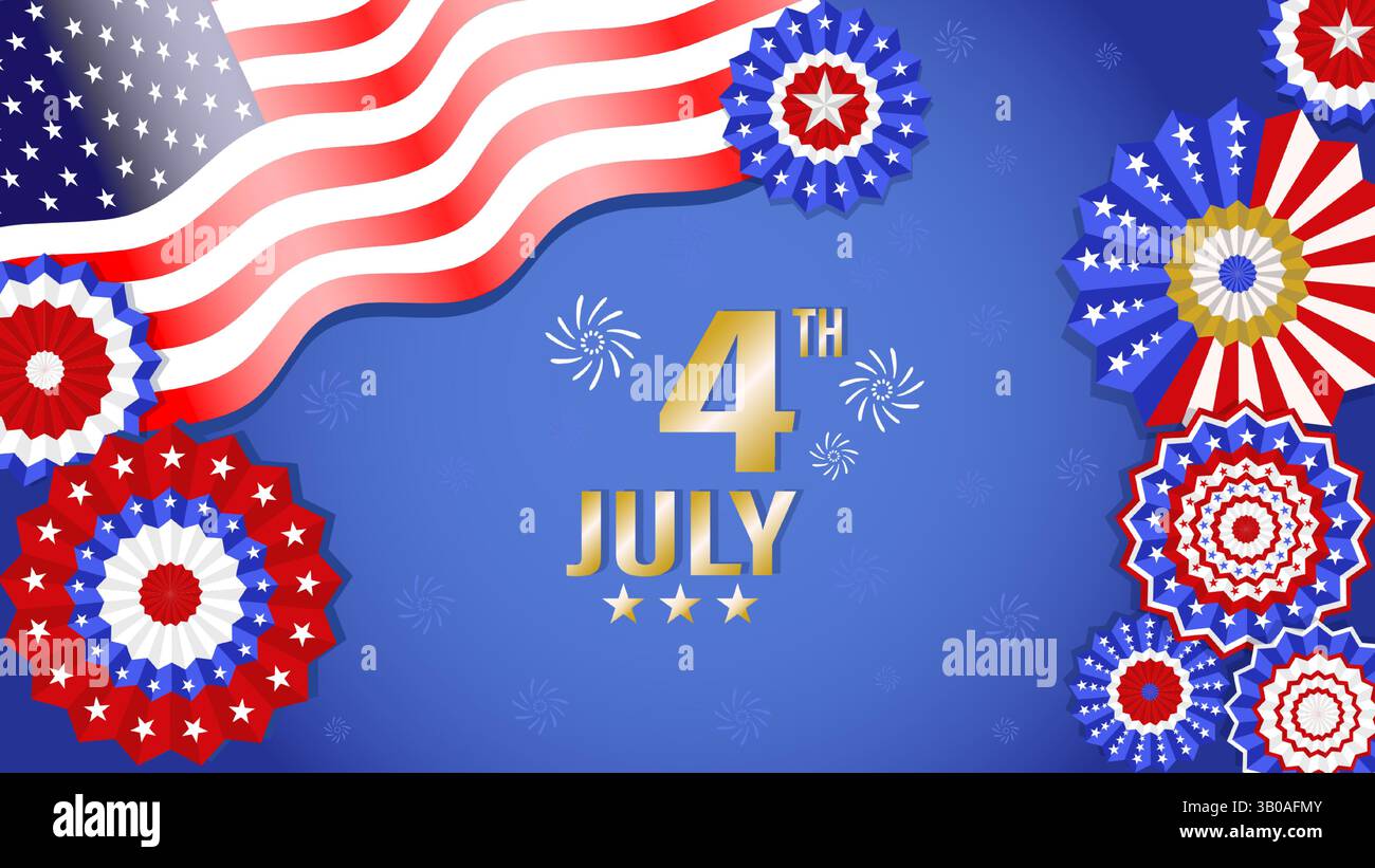 Célébration festive de l'indépendance des états-unis avec drapeaux américains et rosettes patriotiques Illustration de Vecteur