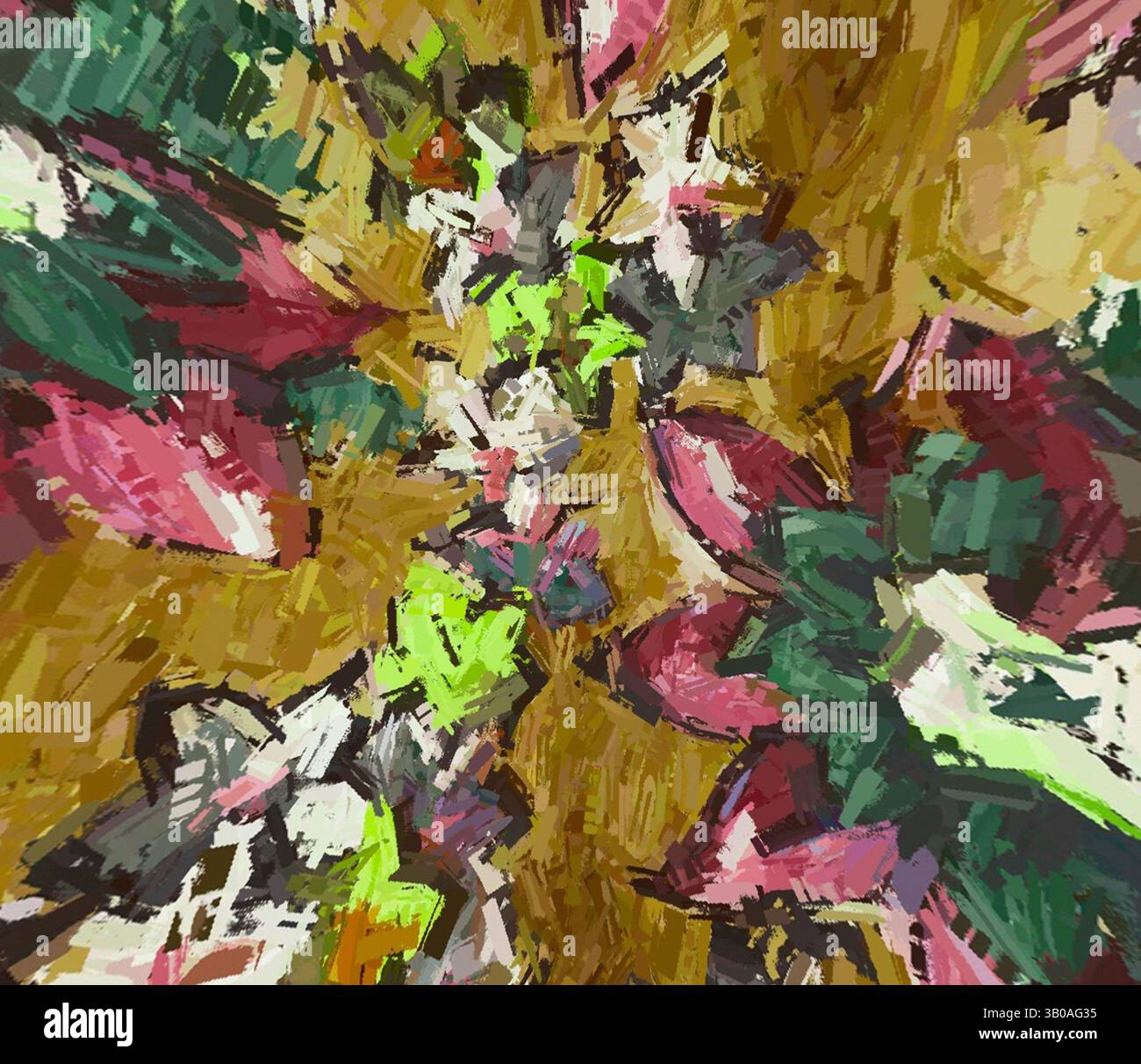 Une explosion vibrante de formes et de couleurs abstraites, avec des motifs entrelacés de vert, rouge et des notes de blanc qui créent une composition dynamique et énergique., Un motif circulaire vibrant orné de fleurs et de feuillages colorés, placé sur un fond brun chaud, créant un affichage animé et artistique. Art classique avec une touche moderne réinventé par Artotop, tissus français transformés, première moitié du XIXe siècle, art classique avec une touche moderne réinventé par Artotop Banque D'Images