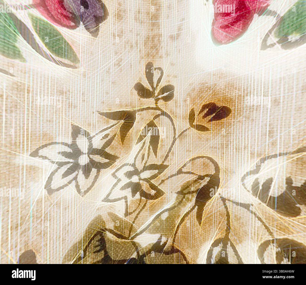 Un mélange fantaisiste de motifs floraux et de teintes douces, avec un oiseau niché parmi les fleurs, créant une atmosphère enchanteresse., une assiette ronde ornée d'un motif floral délicat avec des nuances subtiles de rose, violet, vert et marron, sur un fond beige clair. Le design entrelace diverses fleurs et feuilles, créant une esthétique élégante et vintage. Art classique avec une touche moderne réinventé par Artotop, tissus français transformés, première moitié du XIXe siècle, art classique avec une touche moderne réinventé par Artotop Banque D'Images