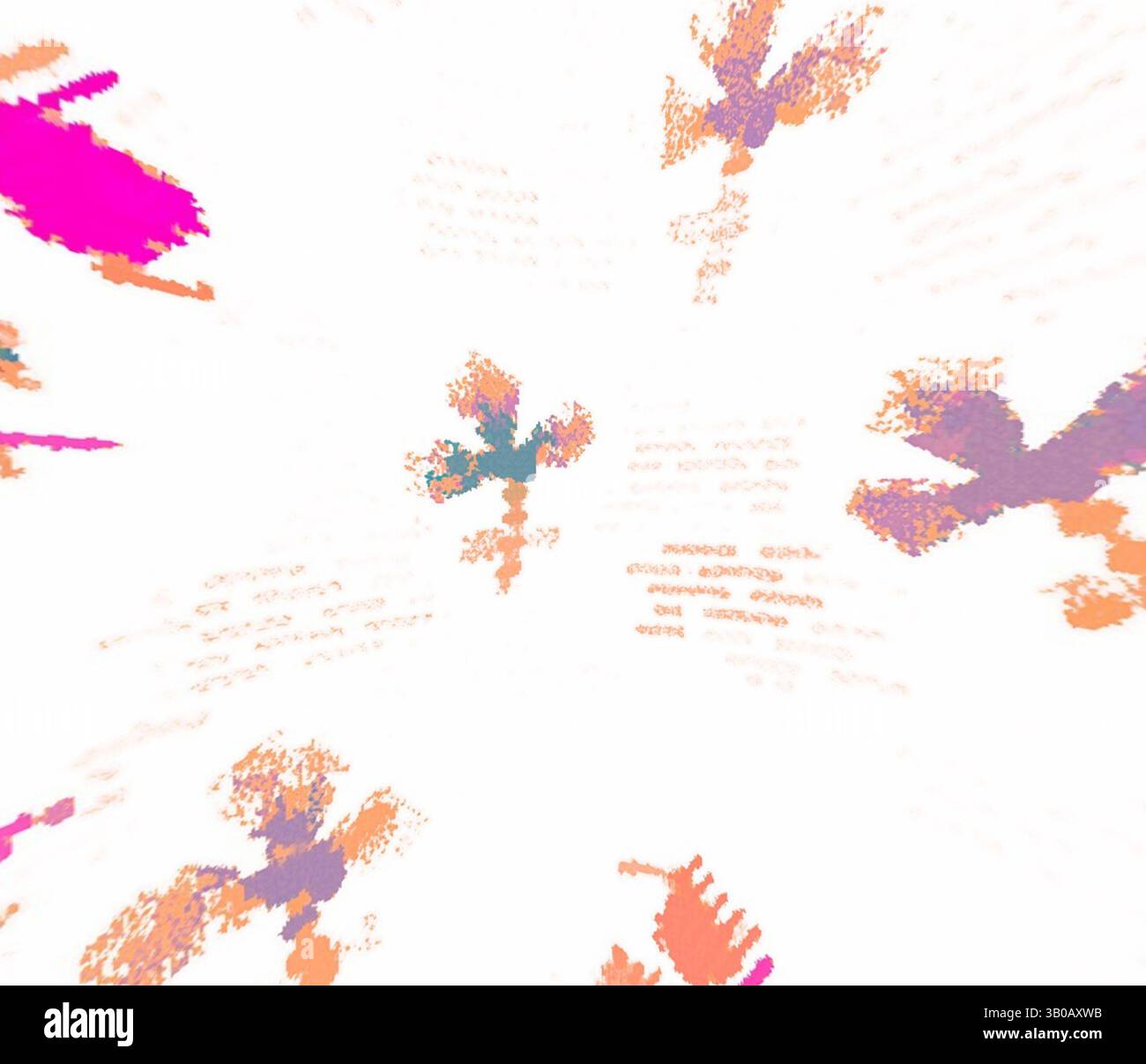 Un éclat abstrait de couleurs éclatantes et de formes déformées crée une sensation de mouvement et d'énergie, mélangeant figures et texte dans une tapisserie dynamique qui invite à l'exploration., un motif vibrant avec des motifs floraux complexes dans des tons roses et pêche, placé sur un fond clair, créant un effet vif et texturé. Art classique avec une touche moderne réinventé par Artotop, tissus français transformés, première moitié du XIXe siècle, art classique avec une touche moderne réinventé par Artotop Banque D'Images