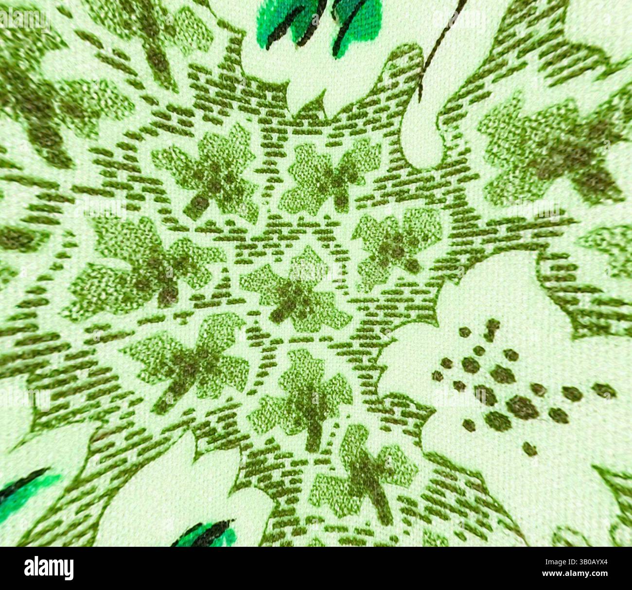 Un motif complexe avec différentes nuances de motifs floraux verts et de feuilles, conçu dans un arrangement délicat et détaillé., Un motif circulaire avec un motif complexe de vignes feuillues et de fleurs stylisées dans des tons de vert, créant un thème botanique vibrant et harmonieux. Art classique avec une touche moderne réinventé par Artotop, tissus français transformés, première moitié du XIXe siècle, art classique avec une touche moderne réinventé par Artotop Banque D'Images