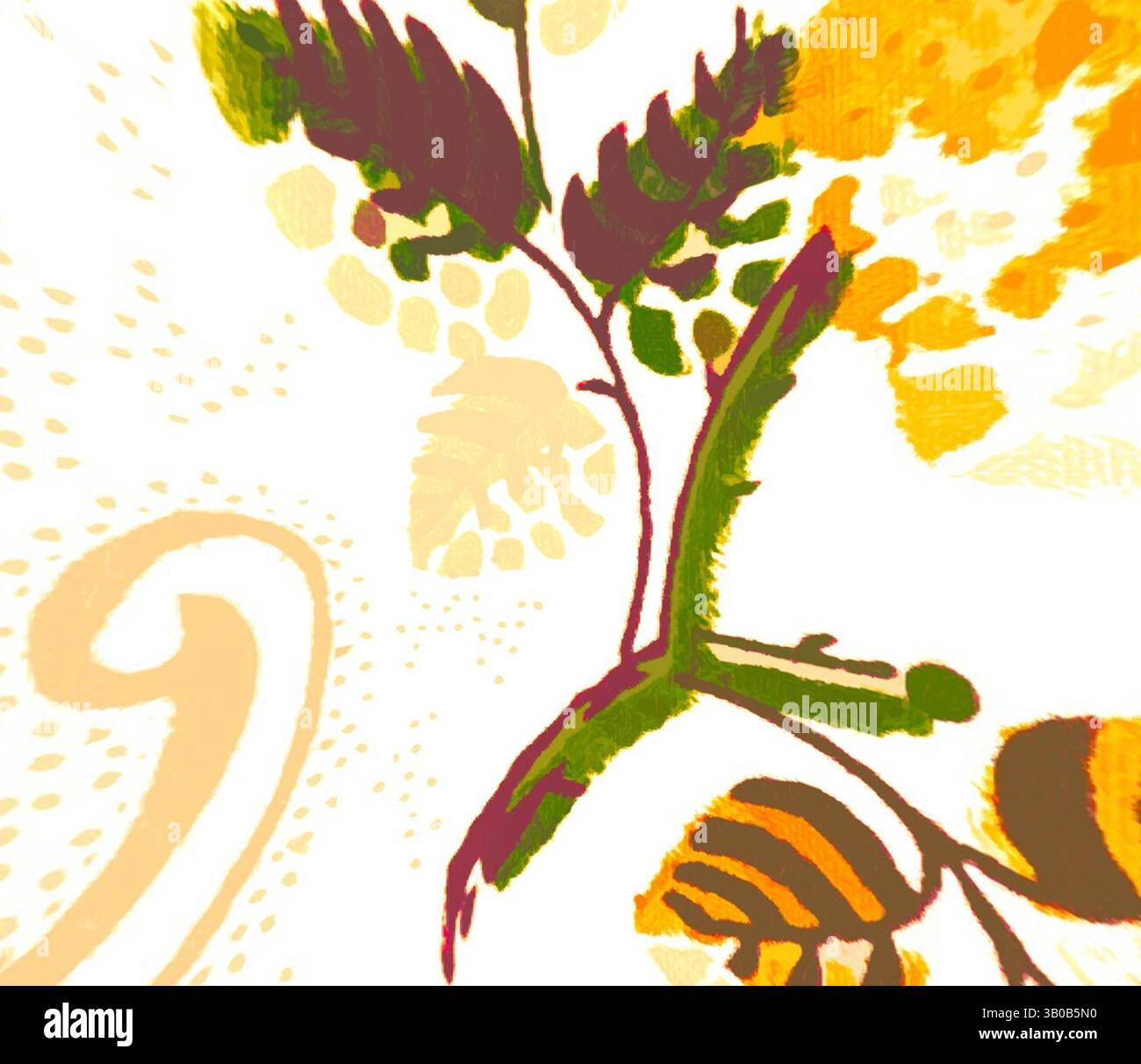 Un arrangement vibrant de feuilles stylisées et d'éléments floraux s'entrelacent, mettant en valeur un mélange de formes organiques et de motifs ludiques. La composition dégage une énergie vive, soulignant les détails complexes de la conception de la nature., Un design floral vibrant avec une grande fleur jaune entourée de motifs complexes et de feuillage, mélangeant des éléments naturels avec des tourbillons décoratifs. Art classique avec une touche moderne réinventé par Artotop, tissus français transformés, première moitié du XIXe siècle, art classique avec une touche moderne réinventé par Artotop Banque D'Images