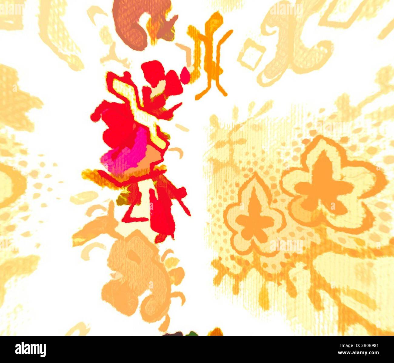 Une composition vibrante et abstraite avec un mélange de teintes chaudes, de motifs complexes et de formes ludiques qui créent une sensation de mouvement et d'énergie. Le design met en valeur une juxtaposition d'éléments floraux et géométriques, invitant à l'exploration et à l'imagination., Un design circulaire vibrant avec des motifs complexes aux teintes chaudes, accentués de motifs floraux et d'éléments décoratifs qui suggèrent un thème vivant et festif. Art classique avec une touche moderne réinventé par Artotop, tissus français transformés, première moitié du XIXe siècle, art classique avec une touche moderne réinventé par Artotop Banque D'Images