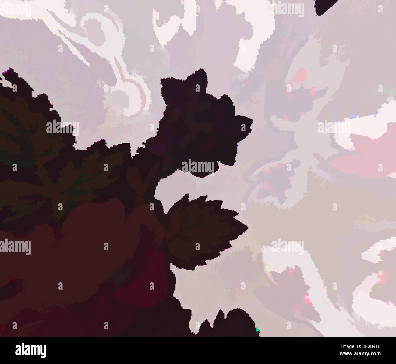 Une représentation stylisée d'une fleur aux contours prononcés, entourée de motifs abstraits tourbillonnants qui créent une atmosphère onirique. L'interaction des éléments sombres et clairs ajoute de la profondeur et de l'intrigue à la composition., Un design circulaire avec des motifs floraux complexes avec des feuilles sombres et des fleurs sur un fond plus clair, créant un mélange harmonieux de formes et de couleurs. Art classique avec une touche moderne réinventé par Artotop, tissus français transformés, première moitié du XIXe siècle, art classique avec une touche moderne réinventé par Artotop Banque D'Images