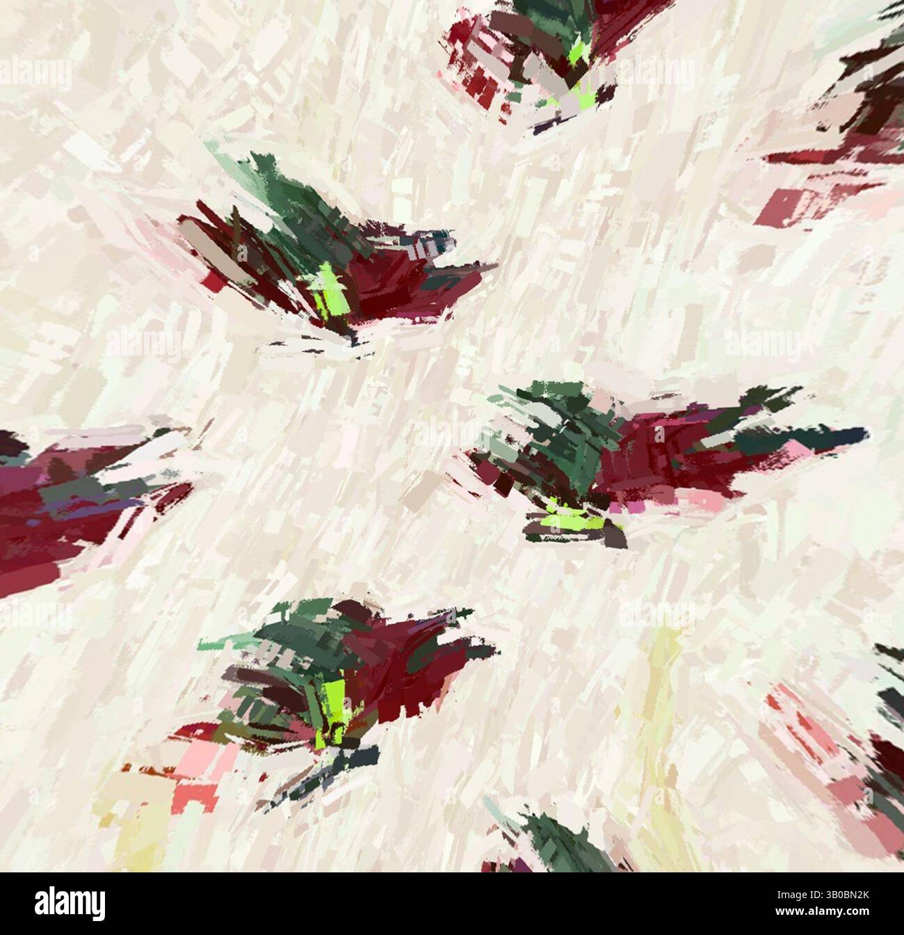 Une composition dynamique de formes abstraites vertes et rouges, disposées dans un motif tourbillonnant sur un fond clair, créant une sensation de mouvement et d'énergie., Un motif fantaisiste avec de petits motifs floraux stylisés dans des tons de rouge et de vert, sur un fond clair. La disposition crée une sensation de mouvement et de jeu à travers la conception circulaire. Art classique avec une touche moderne réinventé par Artotop, tissus français transformés, première moitié du XIXe siècle, art classique avec une touche moderne réinventé par Artotop Banque D'Images