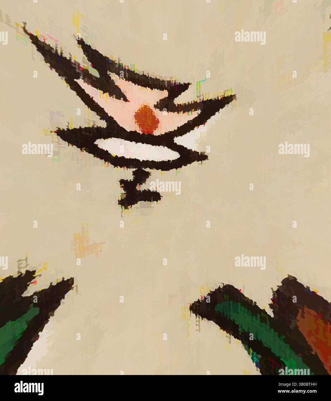 Une fleur stylisée avec des contours audacieux et un point orange central, entouré de formes vertes abstraites, crée une composition vibrante mais adoucie., Un motif circulaire avec des motifs floraux dans les tons de rouge et de vert, sur un fond clair. Les motifs complexes comprennent des fleurs et des feuilles stylisées, évoquant un sens de l'élégance et de l'art. Art classique avec une touche moderne réinventé par Artotop, tissus français transformés, première moitié du XIXe siècle, art classique avec une touche moderne réinventé par Artotop Banque D'Images