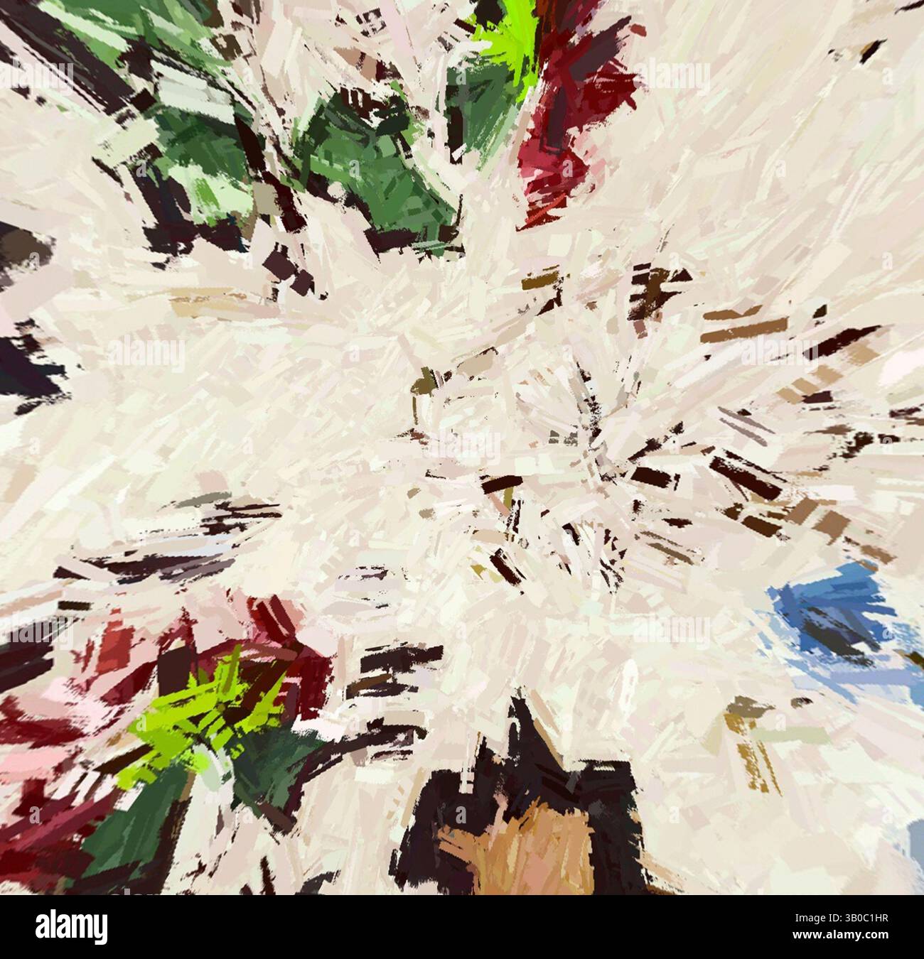 Une composition abstraite avec un mélange dynamique de couleurs et de formes, créant un sentiment de mouvement et d'énergie. L'arrangement suggère un thème floral, avec des verts vifs, des rouges et des notes de bleu se mêlant dans un fond plus clair, évoquant une atmosphère vibrante et vivante., Un design circulaire mettant en vedette une variété de motifs floraux et abstraits dans des couleurs vibrantes, entouré d'un fond clair. La composition présente un mélange de tons terreux et de teintes vives, créant un visuel harmonieux et vivant. Art classique avec une touche moderne réinventé par Artotop, tissus français transformés, première moitié Banque D'Images