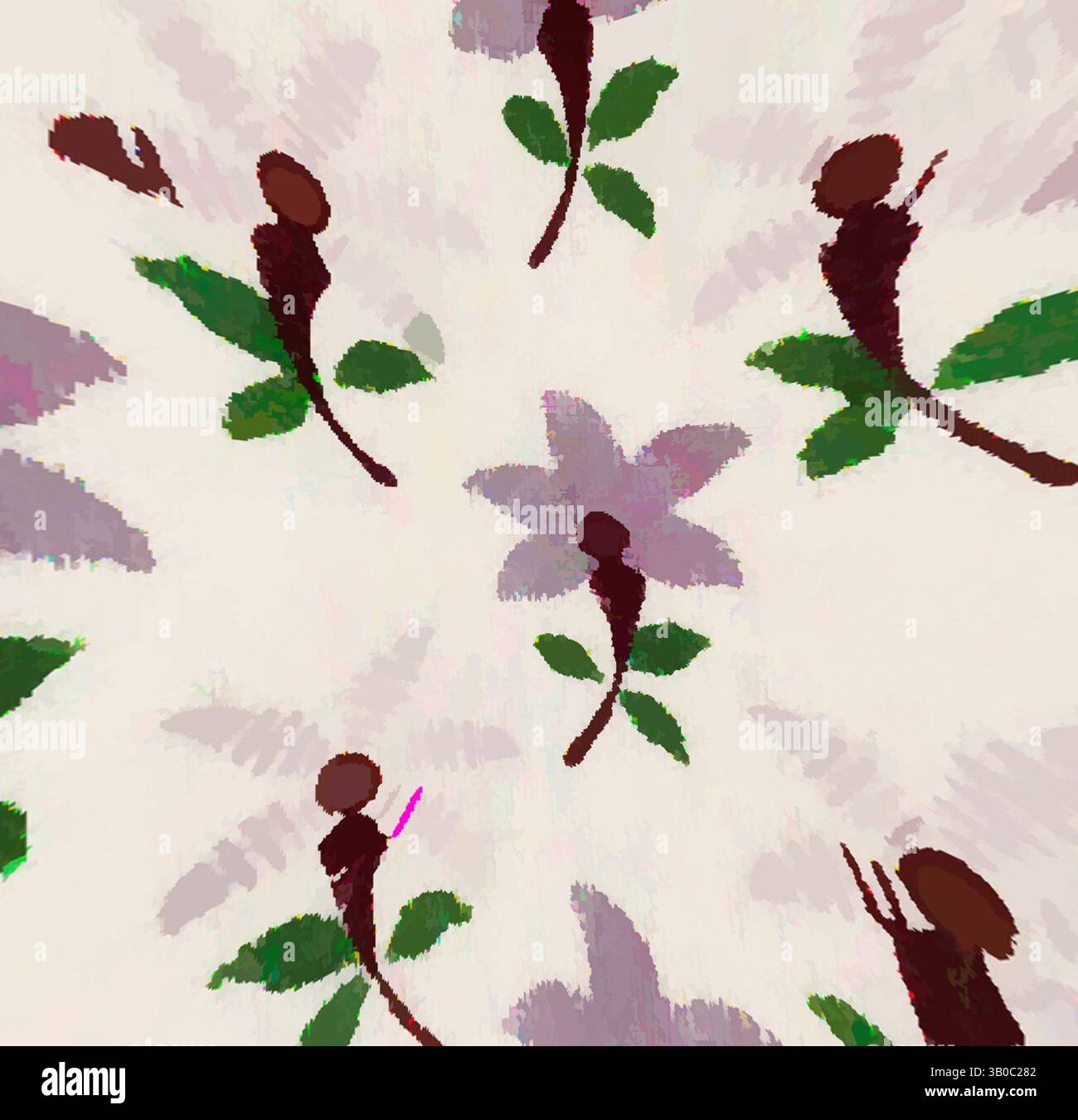 Un motif fantaisiste avec des figures stylisées entrelacées de fleurs et de feuilles, créant un design ludique et vibrant., un motif circulaire avec de délicates fleurs violettes avec des feuilles vertes et des tiges marron foncé, créant un charmant motif floral. Art classique avec une touche moderne réinventé par Artotop, tissus français transformés, première moitié du XIXe siècle, art classique avec une touche moderne réinventé par Artotop Banque D'Images