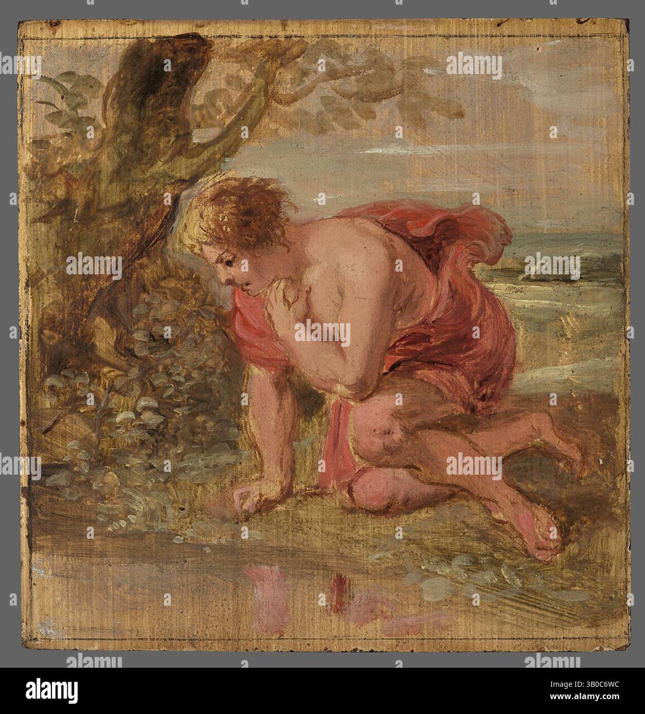 Titre : Narcisse tombant amoureux de sa propre réflexion artiste : Peter Paul Rubens date : non daté médium : huile sur panneau dimensions : 14,5 x 14 cm emplacement : Musée Boijmans Van Beuningen Banque D'Images