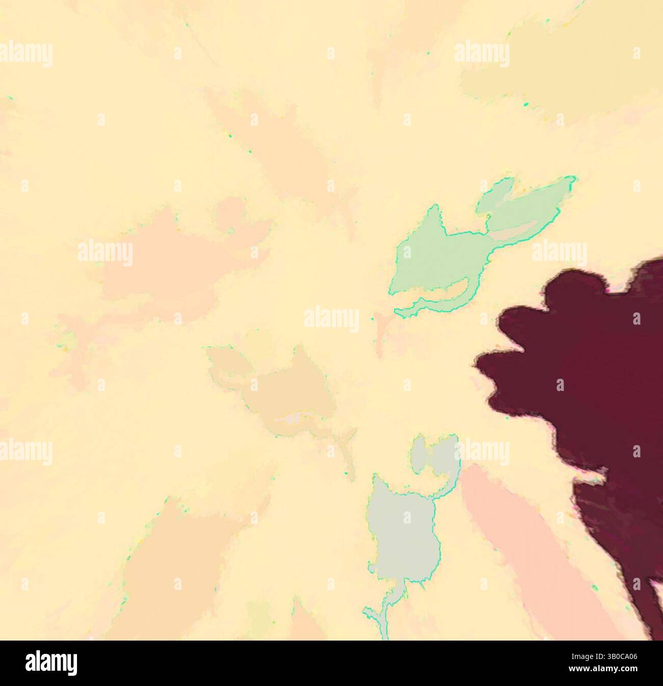 Une composition abstraite avec un mélange de couleurs pastel douces et de silhouettes, créant une atmosphère onirique. Les formes délicates suggèrent un thème naturel, tandis que les éléments sombres contrastés ajoutent de la profondeur et de l'intrigue., Un design doux et circulaire avec des formes florales délicates dans des couleurs discrètes, sur un fond pâle qui crée une atmosphère douce et sereine. Art classique avec une touche moderne réinventé par Artotop, tissus français transformés, première moitié du XIXe siècle, art classique avec une touche moderne réinventé par Artotop Banque D'Images