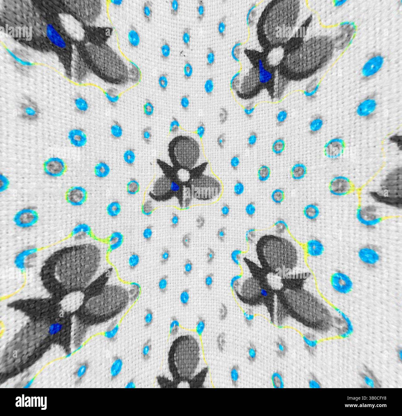 Un motif ludique avec des fleurs délicates et des gouttelettes bleues dispersées, créant un fond fantaisiste et vibrant., un motif circulaire avec des personnages ludiques dans différentes poses, entourés de petites formes de gouttes de pluie colorées, créant un design fantaisiste et joyeux. Art classique avec une touche moderne réinventé par Artotop, tissus français transformés, première moitié du XIXe siècle, art classique avec une touche moderne réinventé par Artotop Banque D'Images